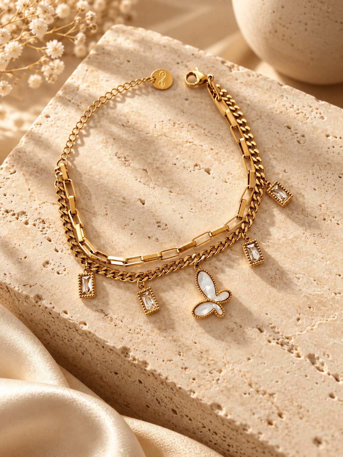 anti tarnish butterfly bracelet for women, stainless steel charm
