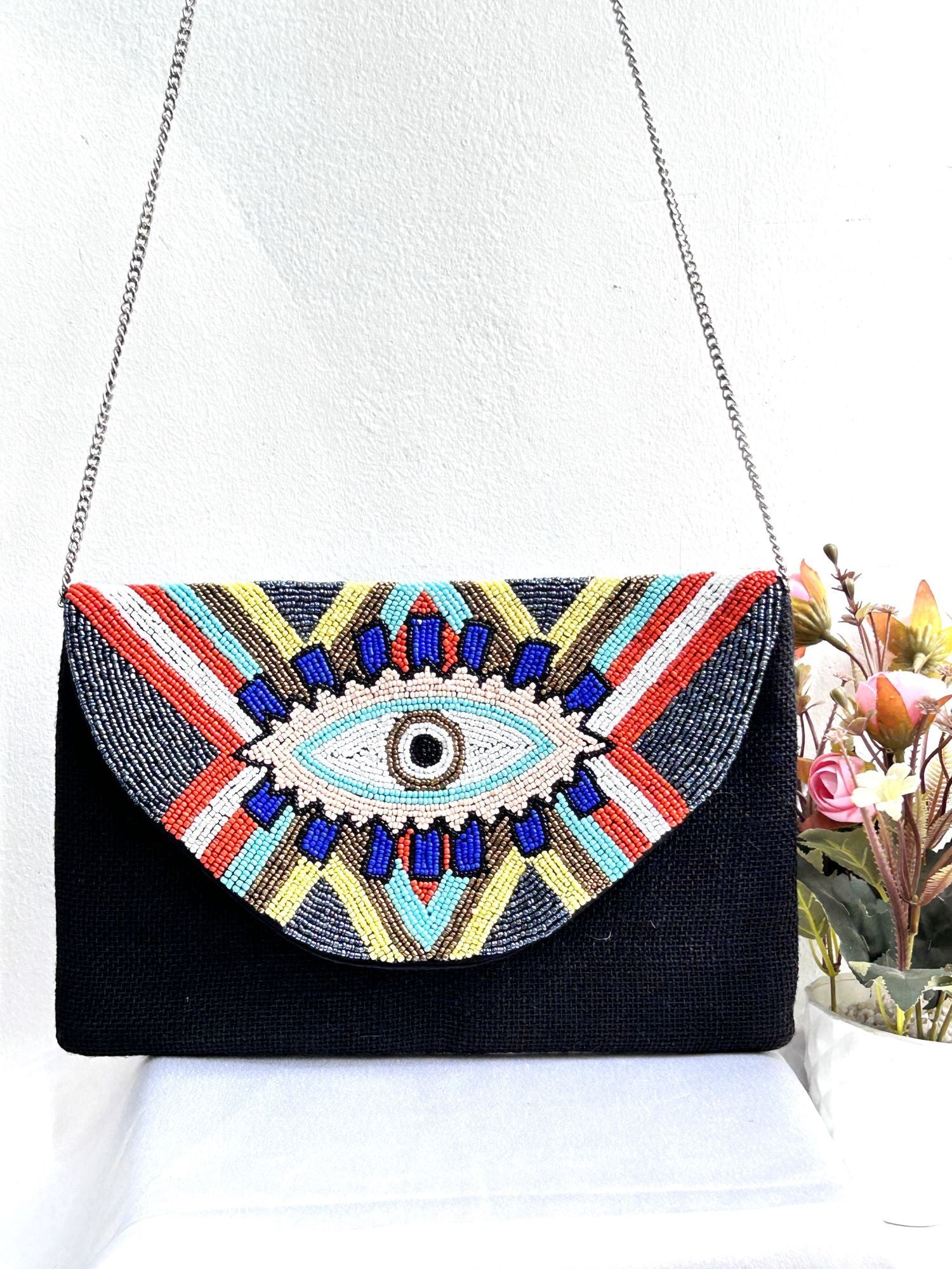 Multicolored Evil Eye Boho Fashion Beaded Clutch/Sling Bag for Women