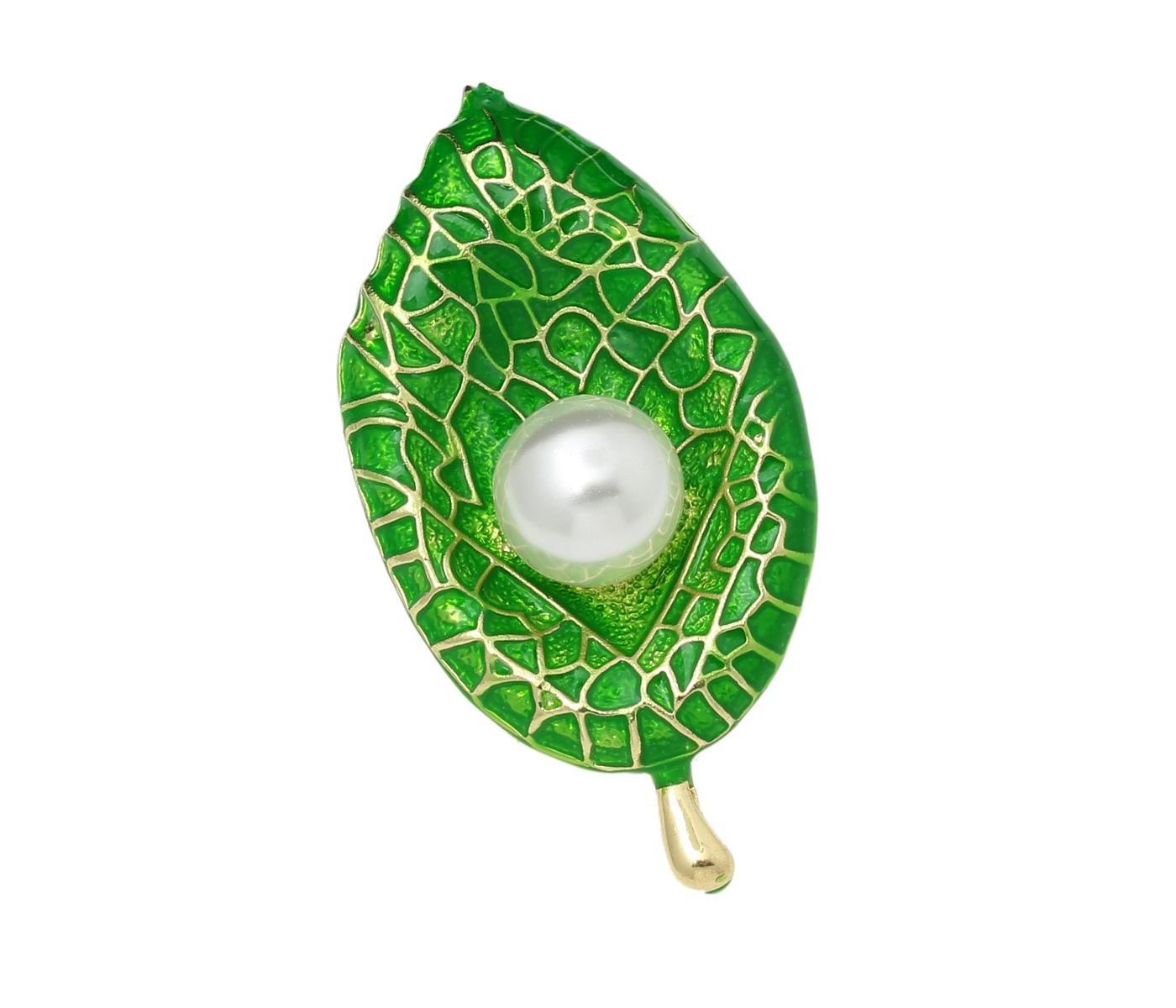 Wildwood Brooch- Pearl Studded Enameled Leaf Brooch for Men & Women