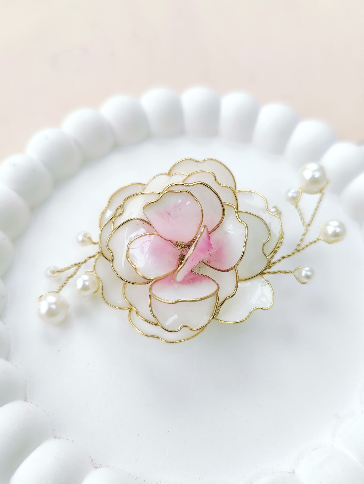 White pink rose resin brooch for women, floral statement jewellery