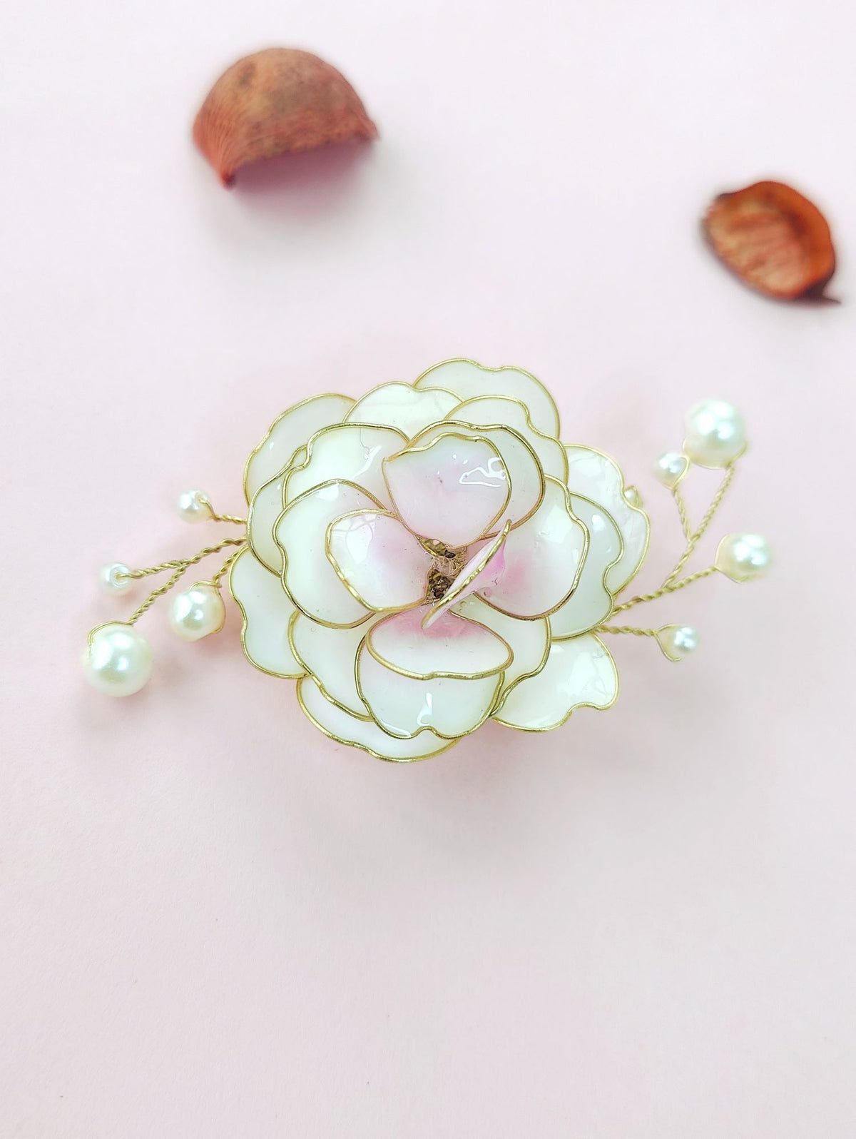 White pink rose resin brooch for women, floral statement jewellery