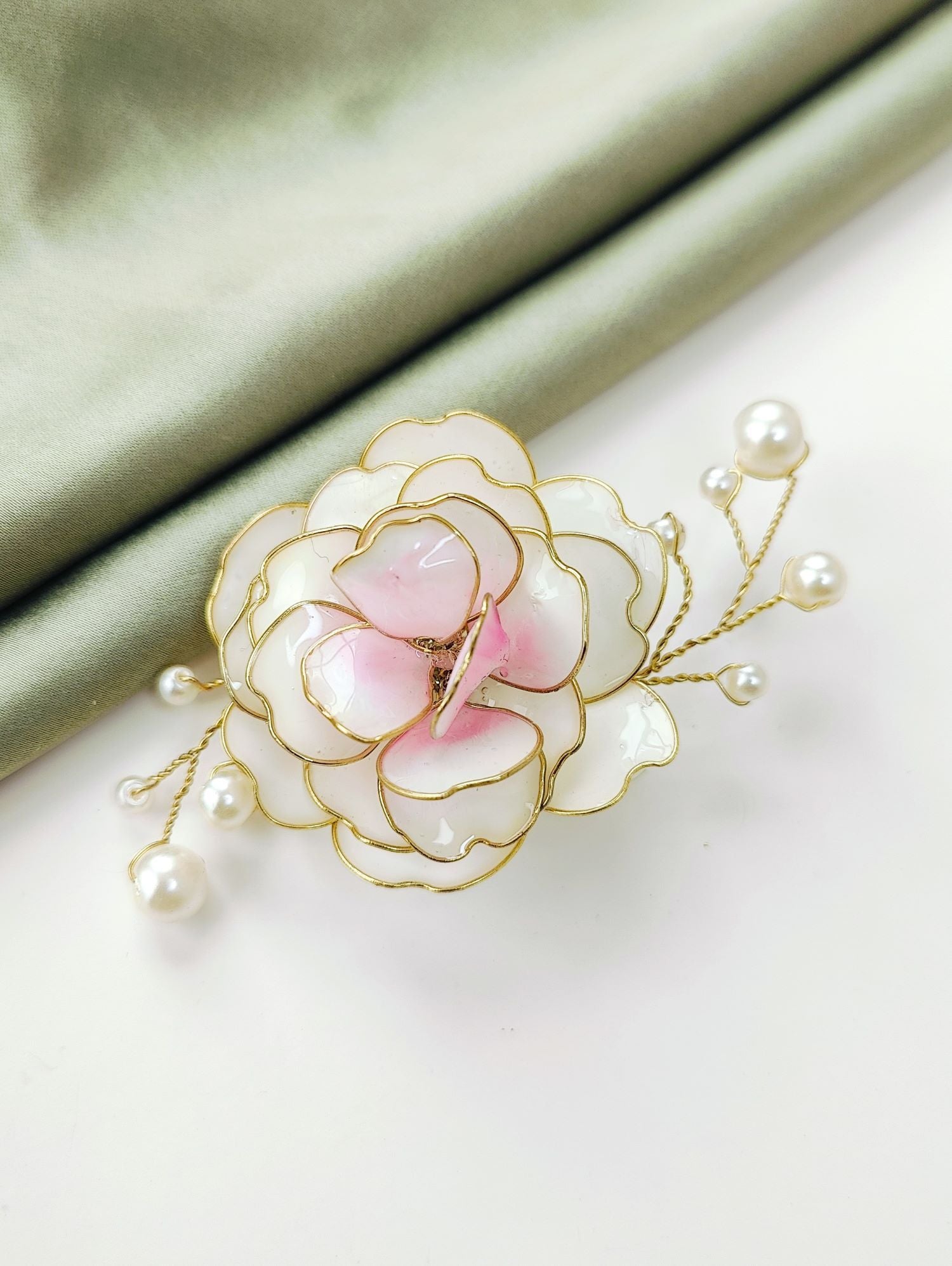 White pink rose resin brooch for women, floral statement jewellery