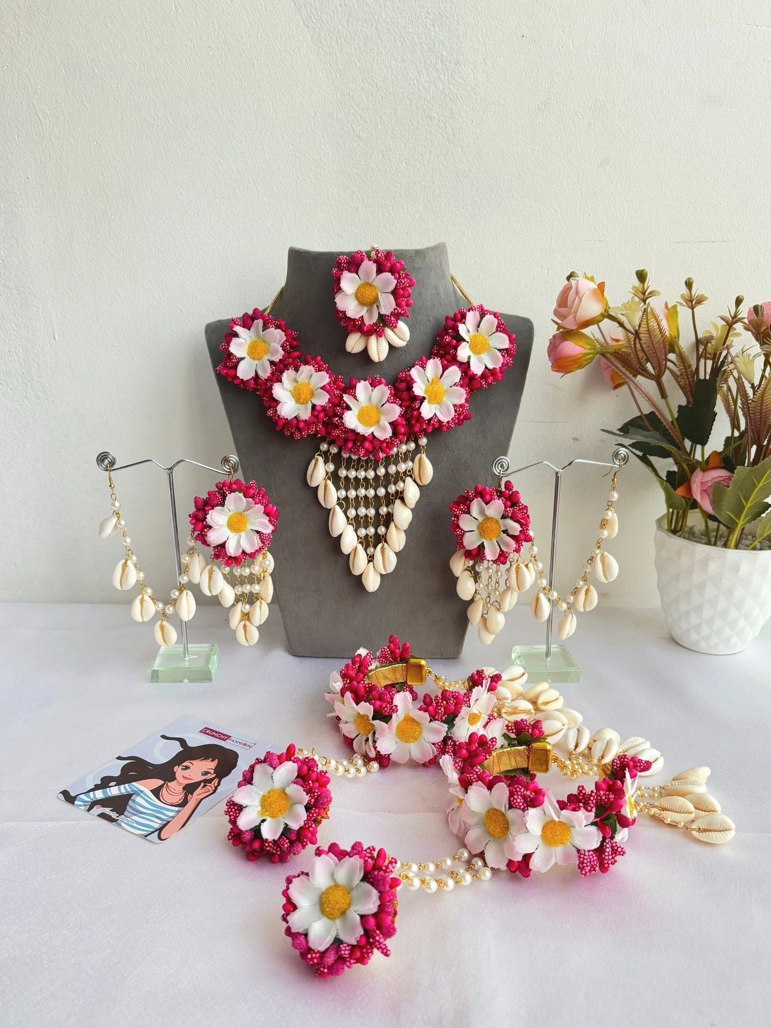 Pink floral baby shower jewellery set including necklace, earrings, and maang tikka made of beads, pearl, and artificial flowers