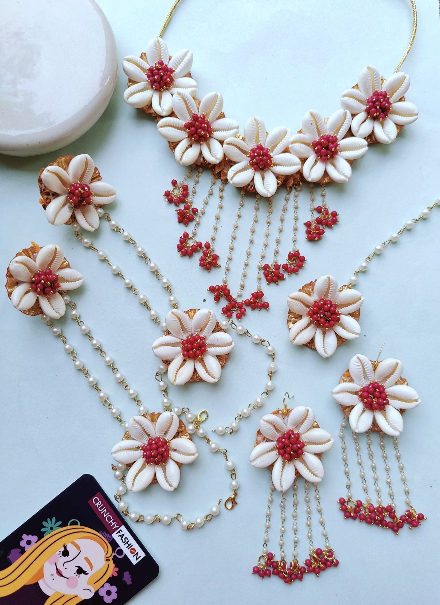 Pink flower-themed ethnic jewellery set ideal for baby shower and maternity shoot, includes necklace, earrings, and maang tikka.
