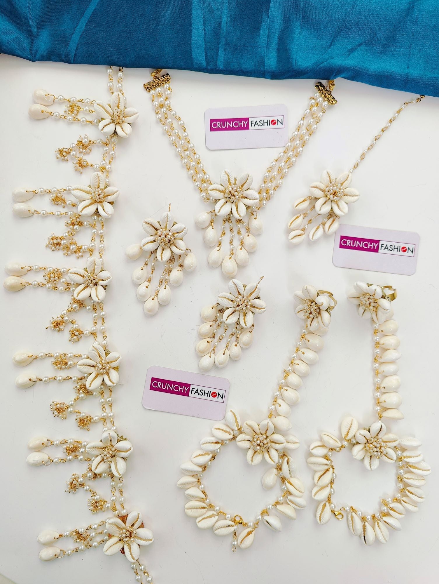 White ethnic flower design baby shower jewellery set with necklace, earrings, and maang tikka, ideal for women