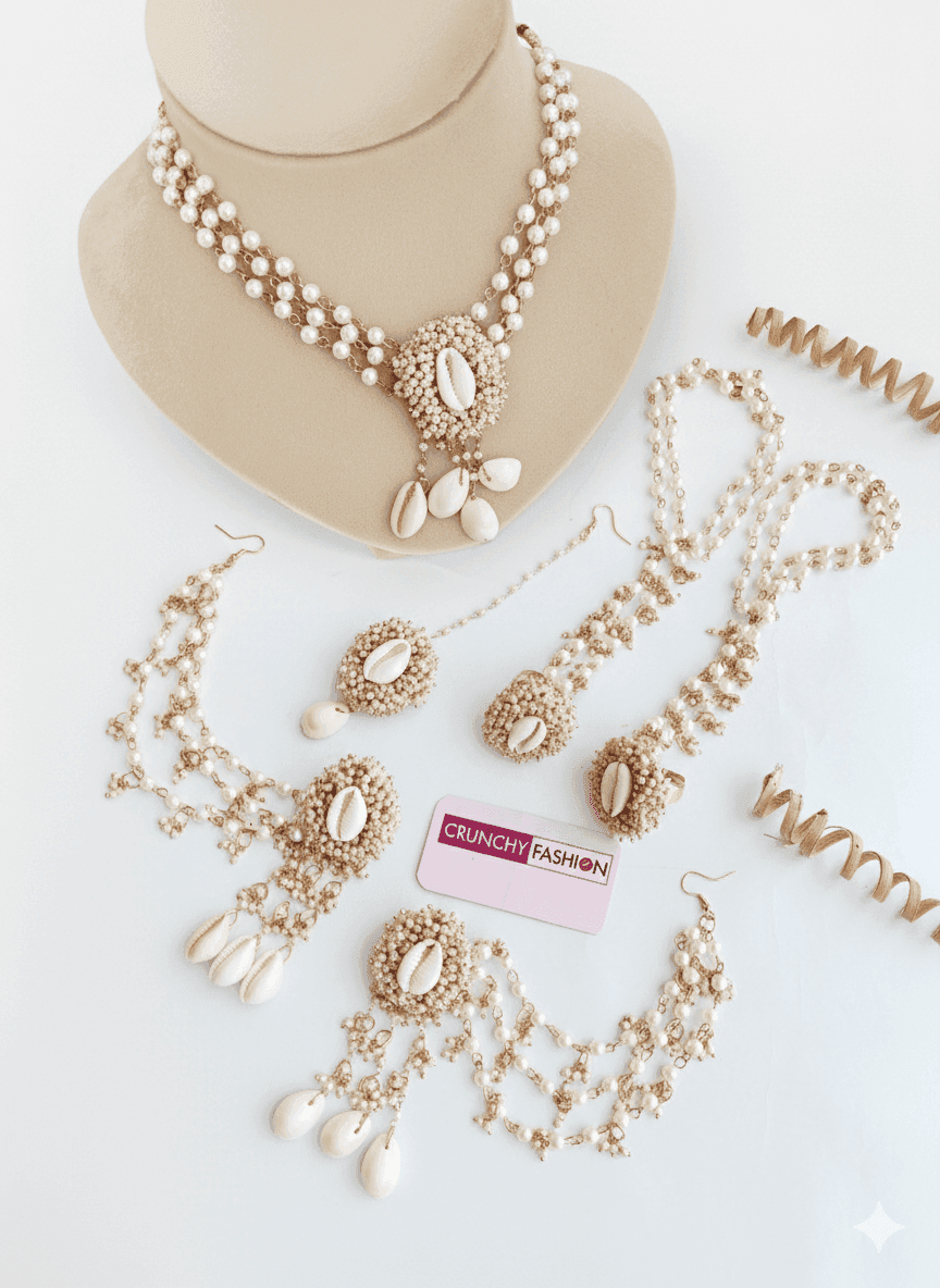 White ethnic seep moti flower baby shower jewellery set with necklace, earrings, and hathphool