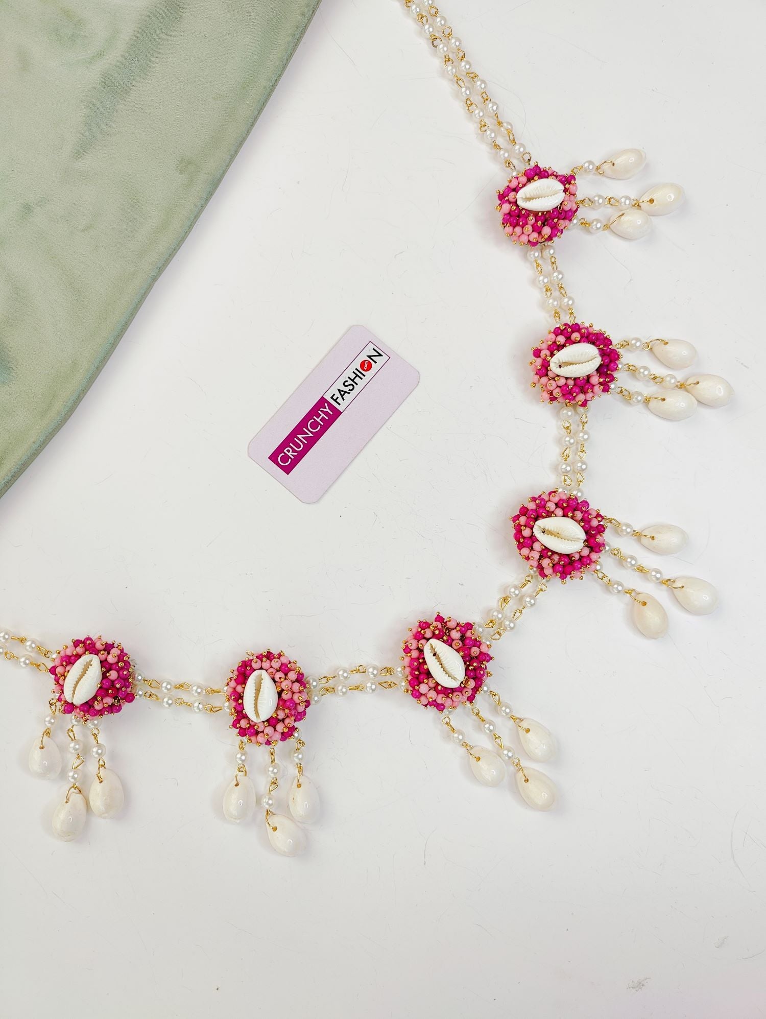 Elegant flower themed baby shower jewellery set in shades of pink, ideal for women, featuring necklace, earrings, and hathphool
