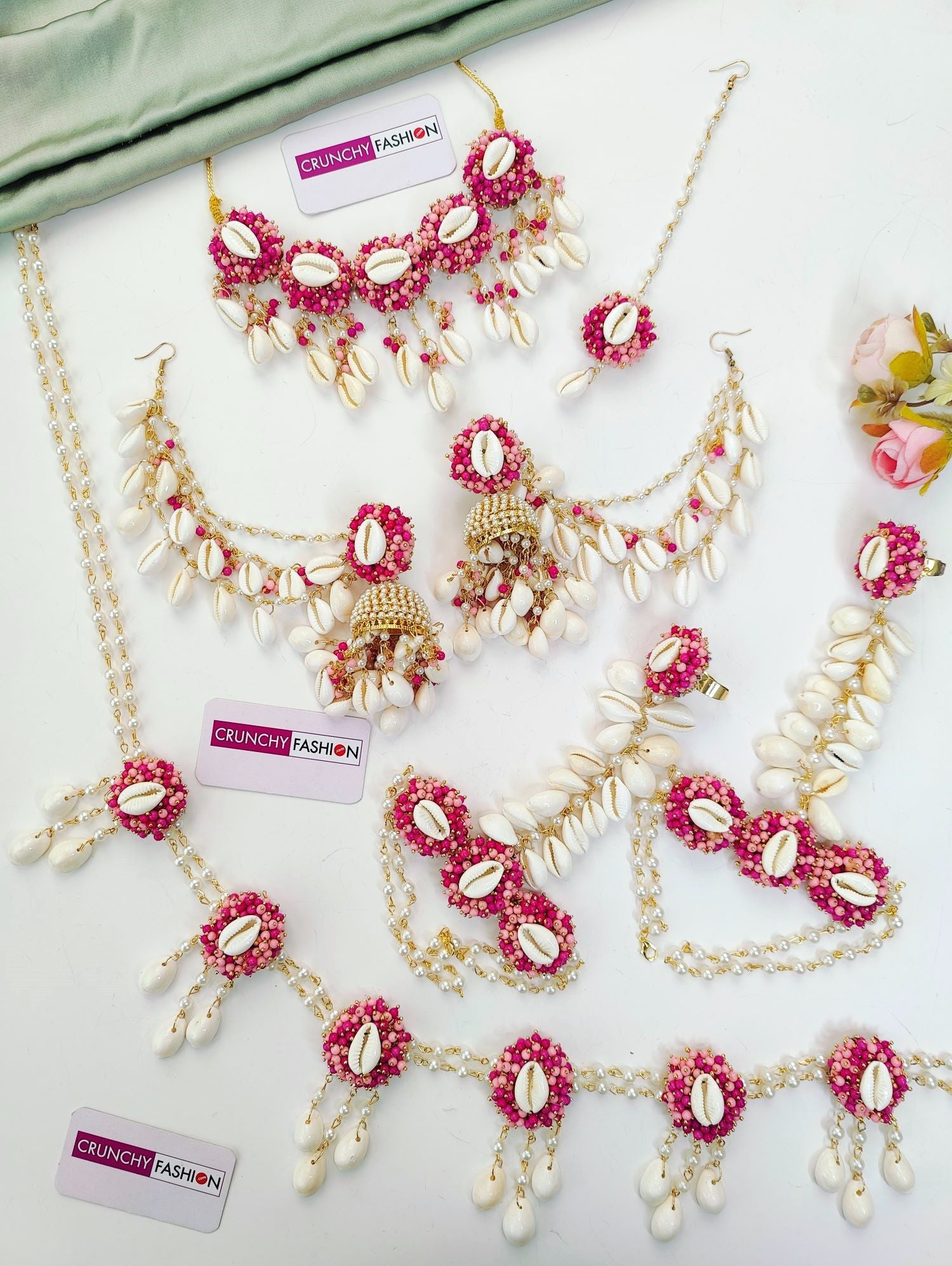 Elegant flower themed baby shower jewellery set in shades of pink, ideal for women, featuring necklace, earrings, and hathphool