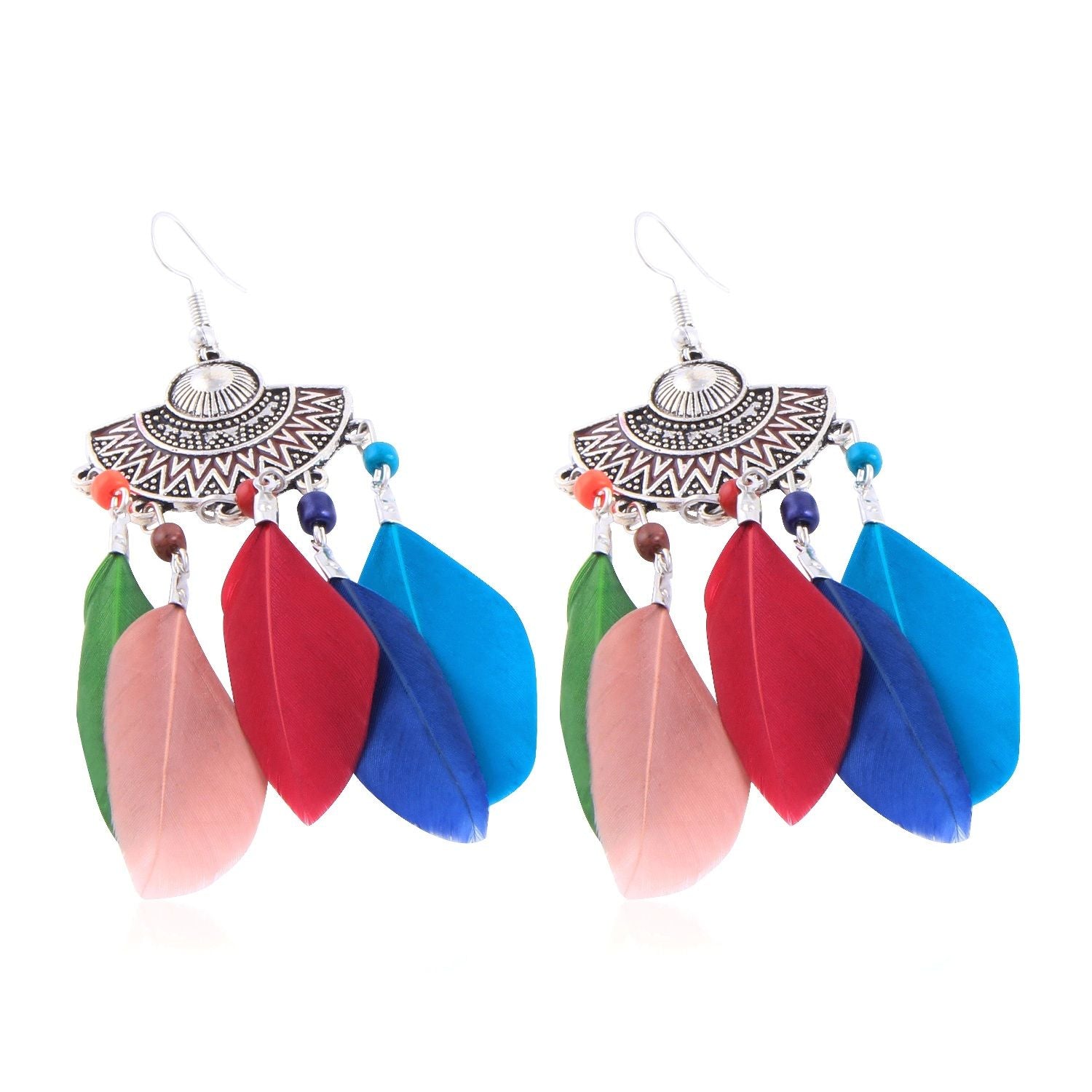 Multicolor oxidised long feather earrings from The Tribal Muse collection, ideal for women and girls