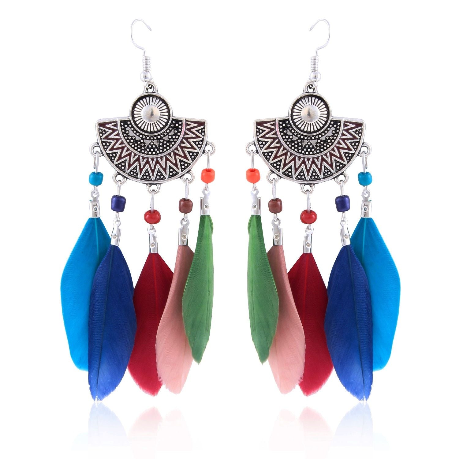 Multicolor oxidised long feather earrings from The Tribal Muse collection, ideal for women and girls