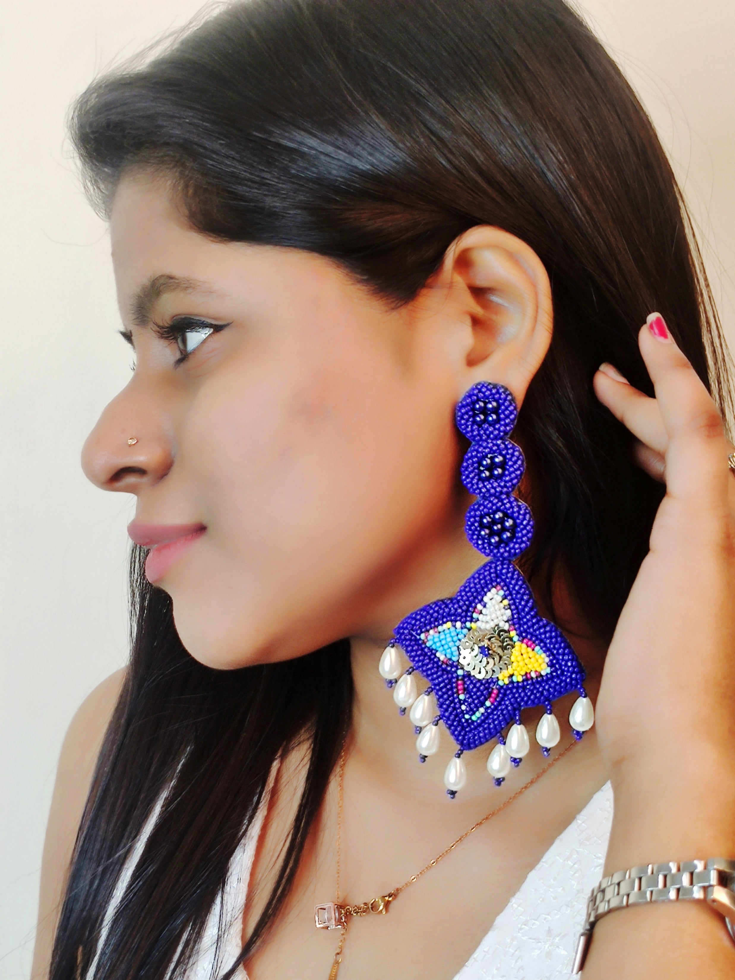 Elegant Boho Handmade White Stylish Dangler Earrings with Pearls, Designer Wedding Accessories