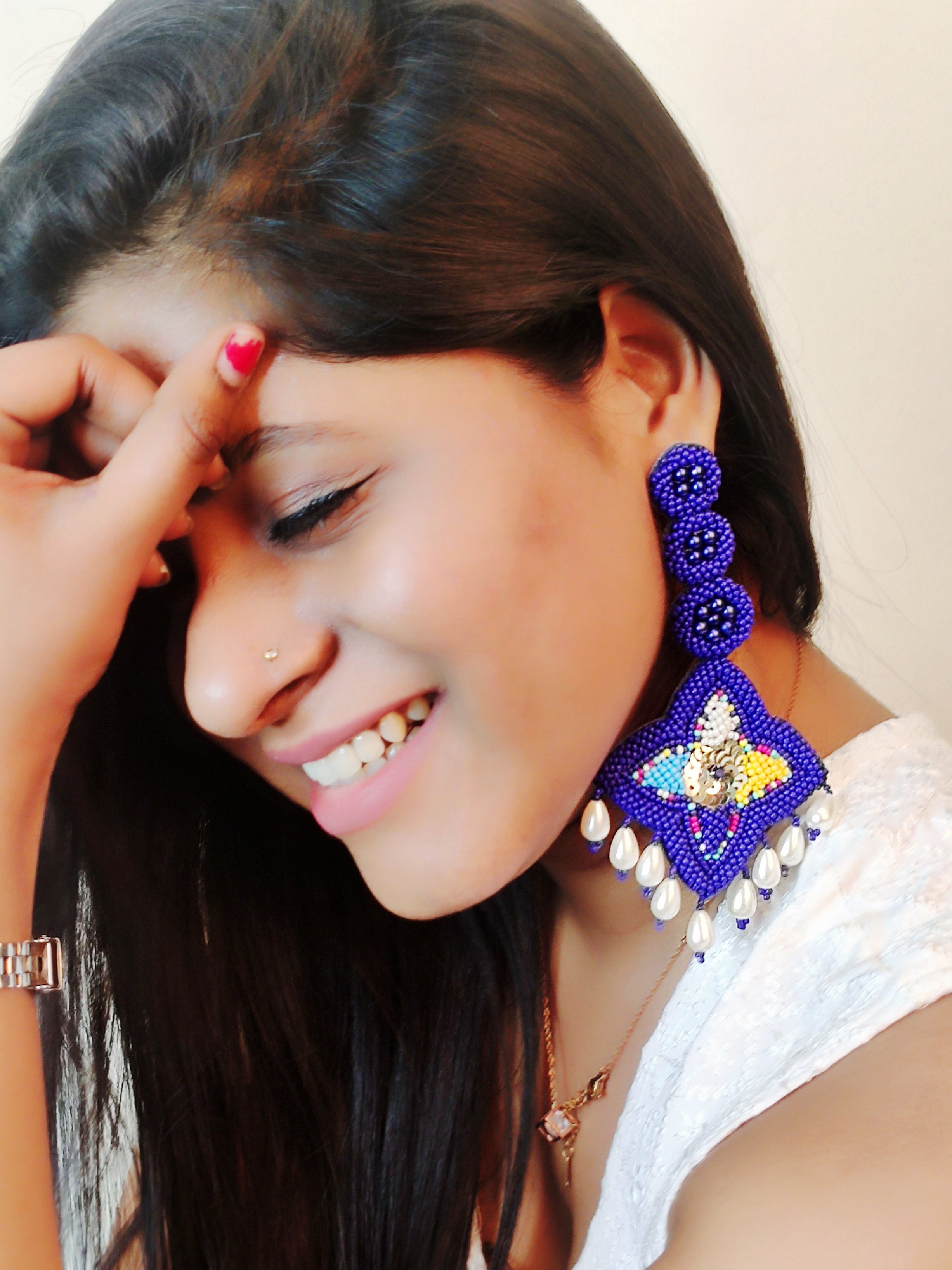 Elegant Boho Handmade White Stylish Dangler Earrings with Pearls, Designer Wedding Accessories