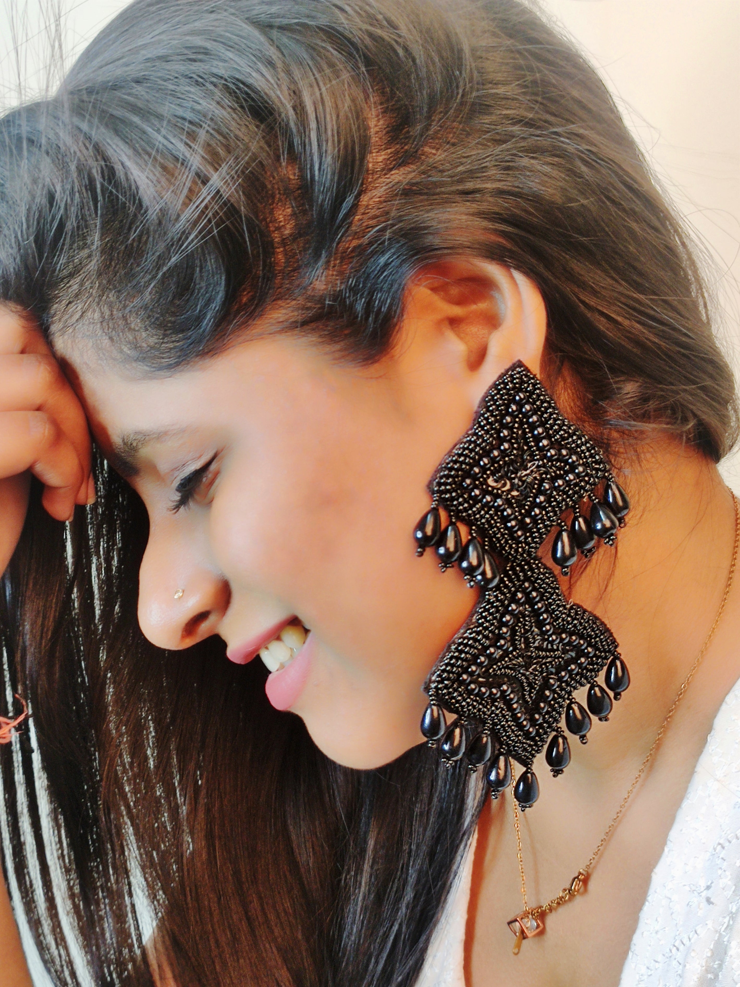 Black Starlight: Handmade Studded Beads Long Drop Earrings for Women and Girls