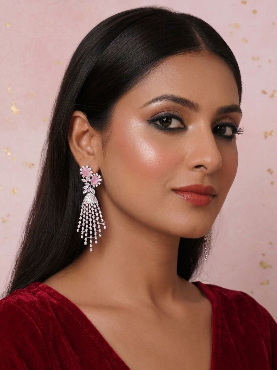 Silver-Plated Pink Stone AD Earrings for Women – Modern Dangler Design