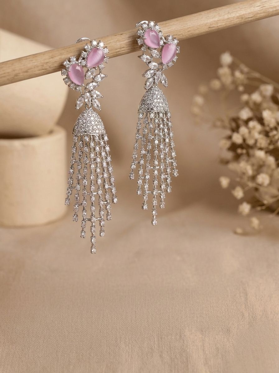 Silver-Plated Pink Stone AD Earrings for Women – Modern Dangler Design