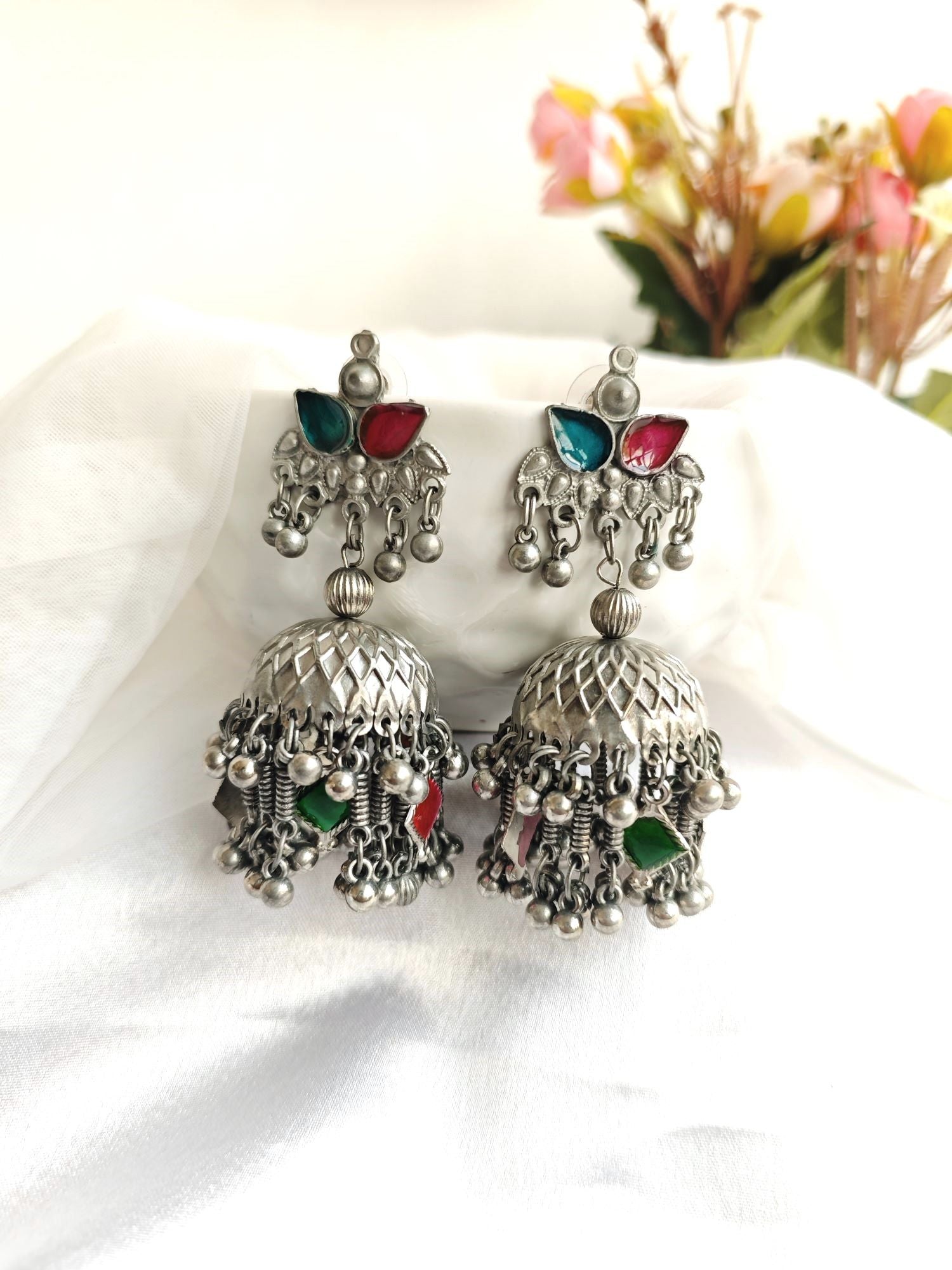 Green Silver Oxidised Pakistani Jhumka Earrings for Women