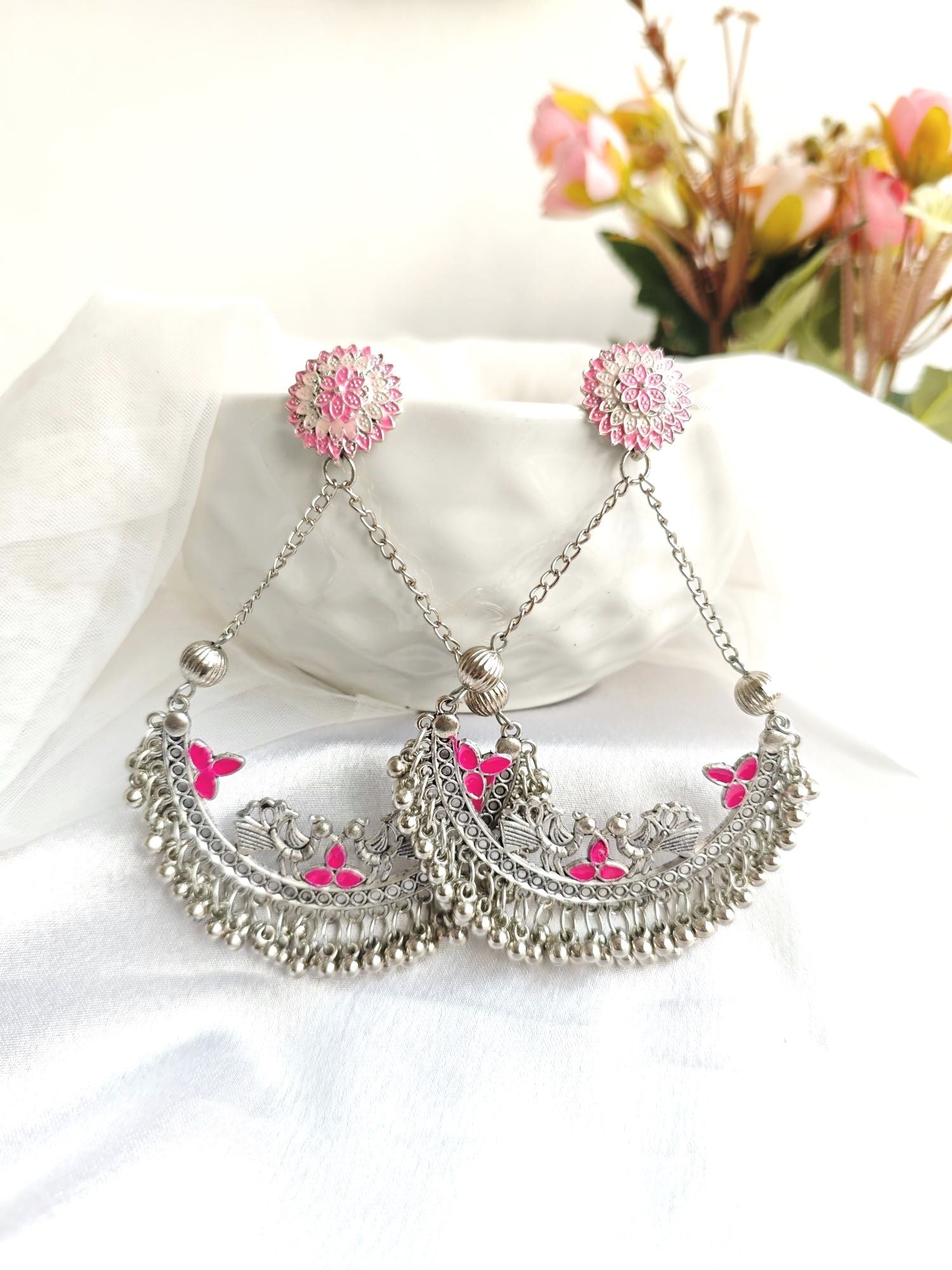 Multicolor silver plated round alloy jhumka earrings from the Party Collection, ideal for festivals and weddings