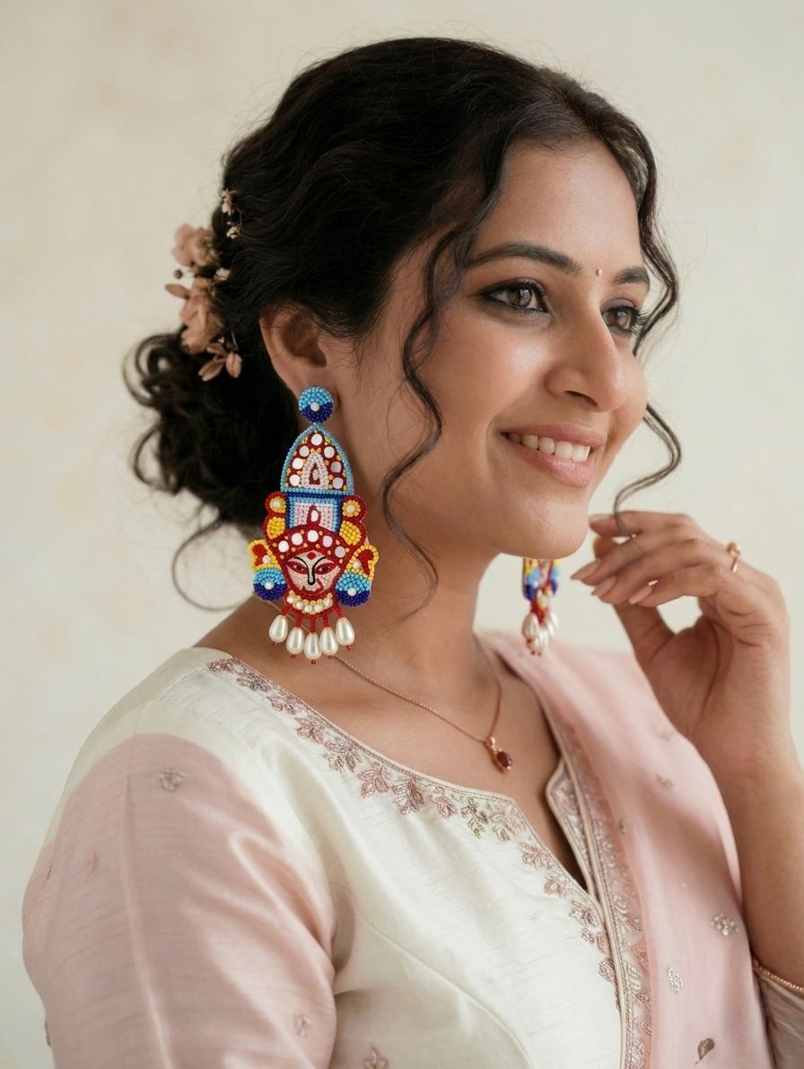 Hand-Crafted Maa Durga Inspired Beaded Dangler Earrings for Devotion & Style