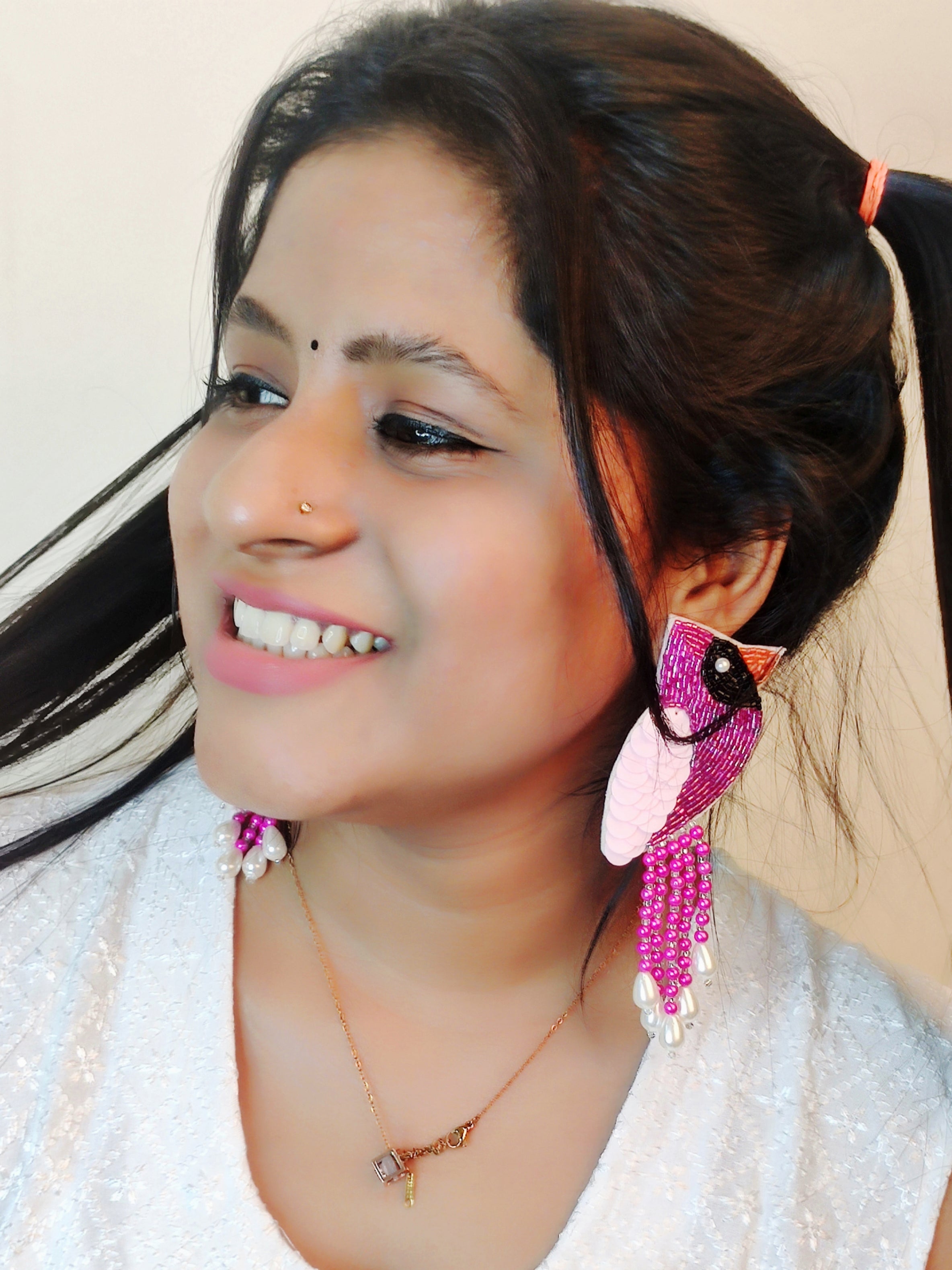 Quirky Pink Bird Handmade Beaded Earrings for Women & Girls