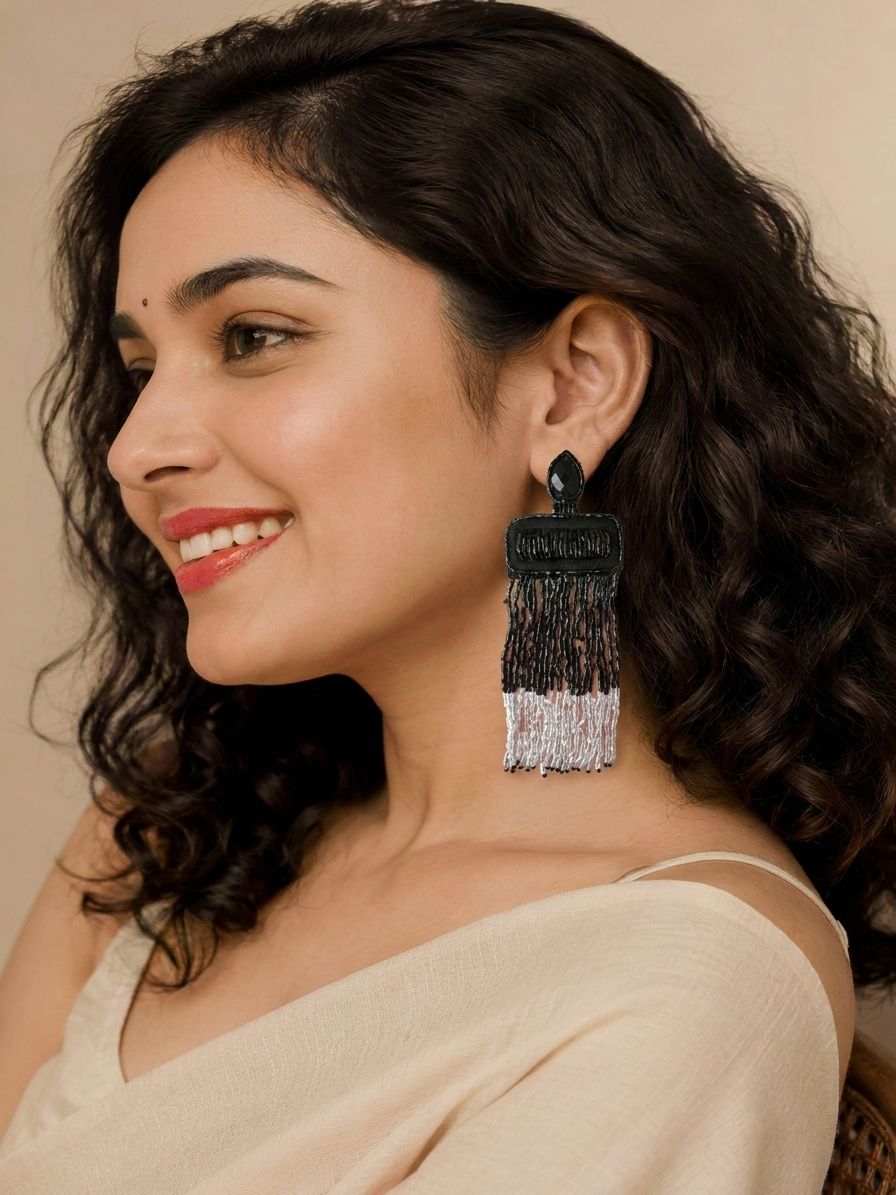 Naaz Black Tassel Earrings- Bohemian Black Beaded Statement Handmade Tassel Party Wear Earrings