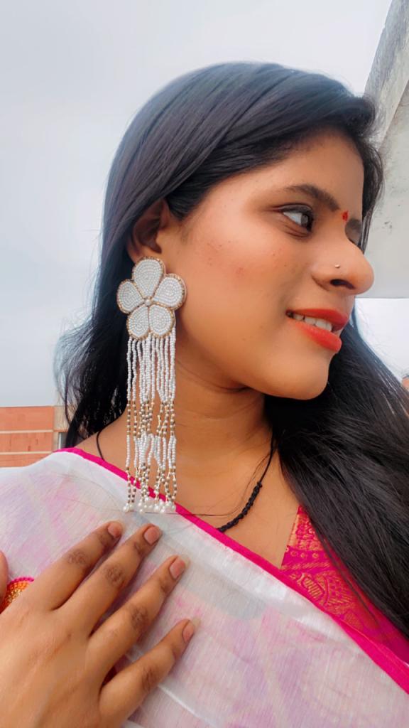 Shireen Earrings- White Handmade Flower Earrings with Tassels