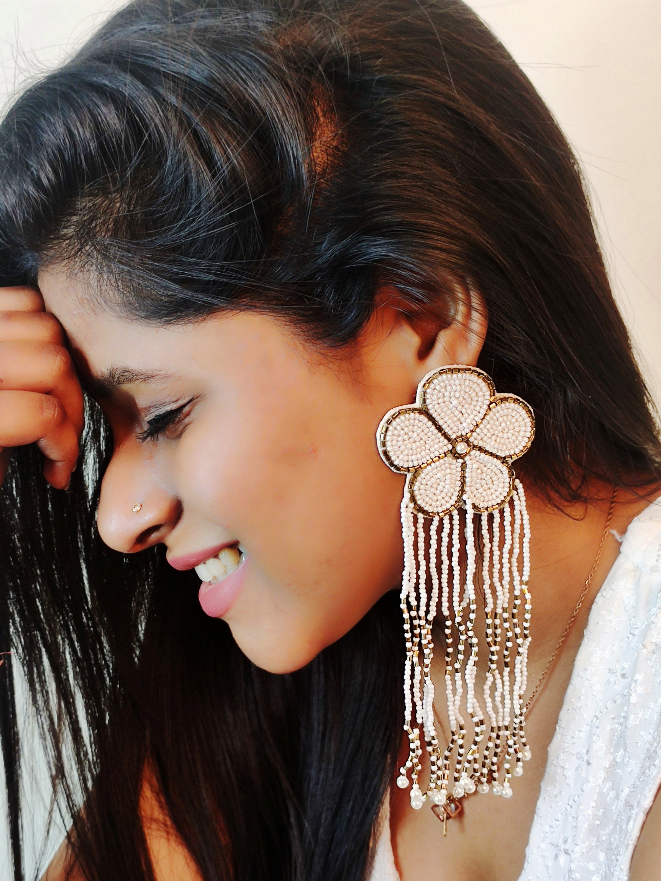 Shireen Earrings- White Handmade Flower Earrings with Tassels
