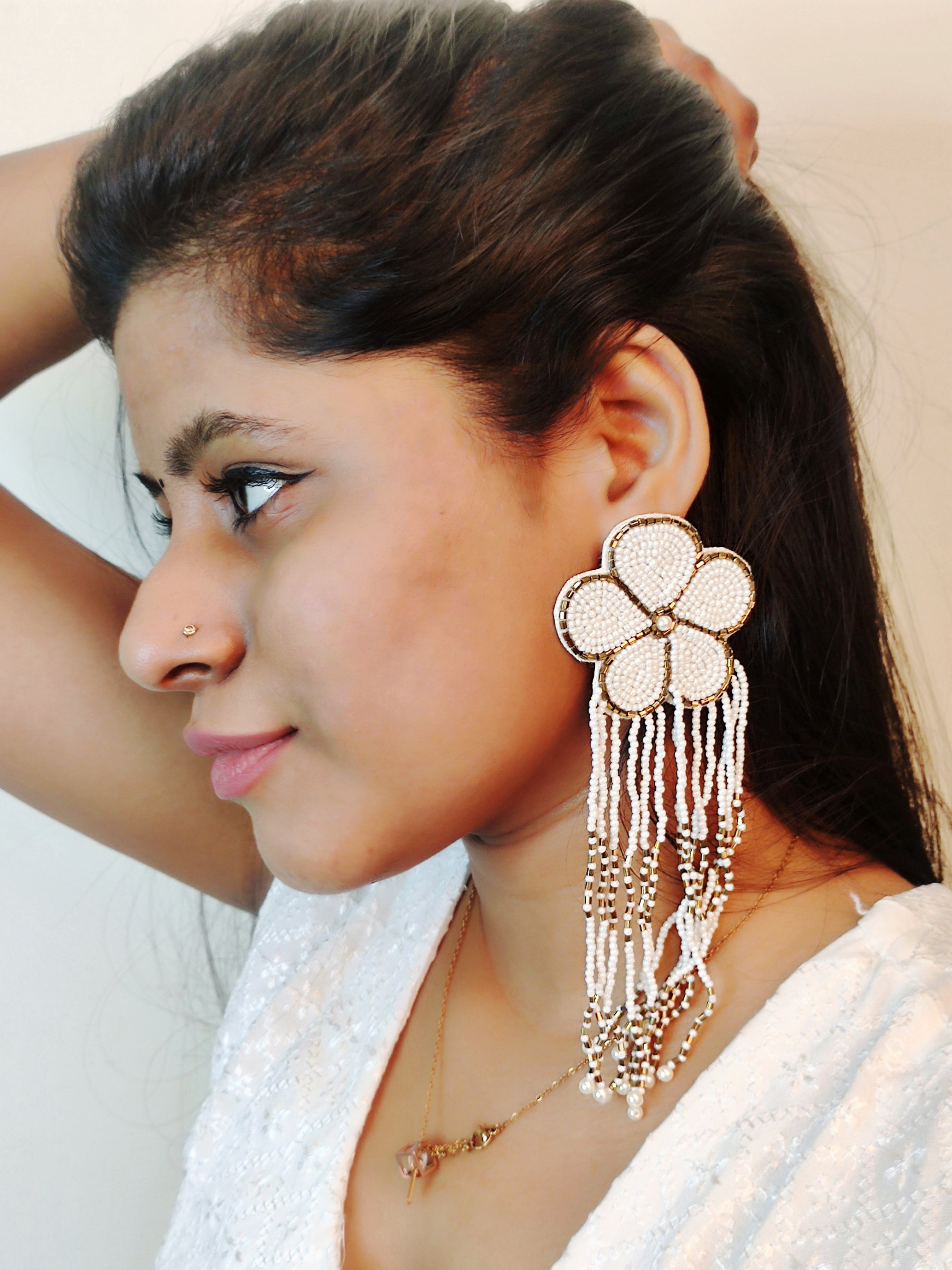 Shireen Earrings- White Handmade Flower Earrings with Tassels