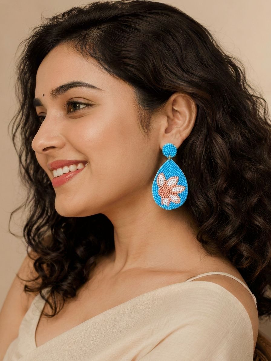 Blue Dream Sunflower Earrings- Blue-Peach Handmade Sunflower Earrings for Women