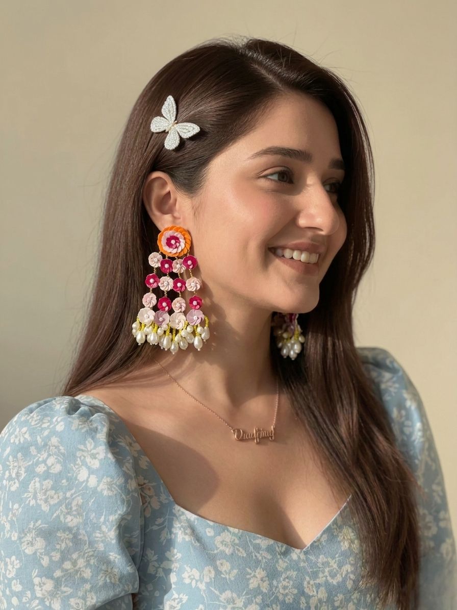 Pink Haldi Mehndi Floral Handmade Earrings for Women/Girls