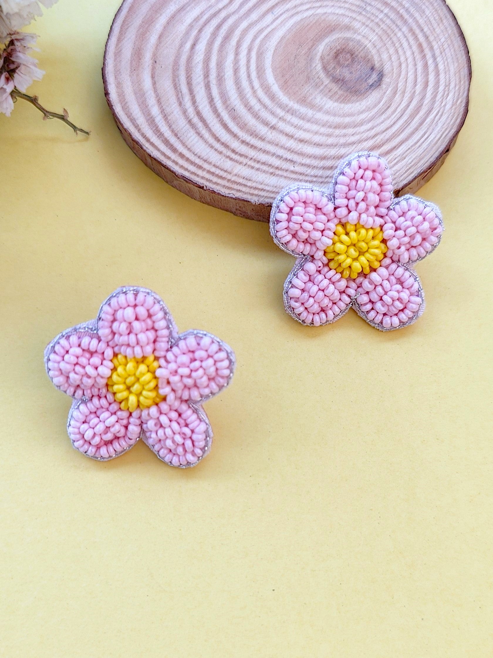 Elegant Boho Pink Beaded Blossom Studs - Handmade Flower Earrings for Women