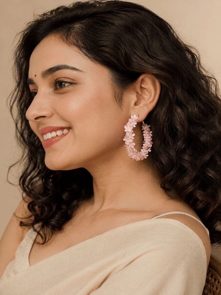 Baby Pink Floral Beaded Hoop Earrings – Handmade Quirky Cute Party Hoops
