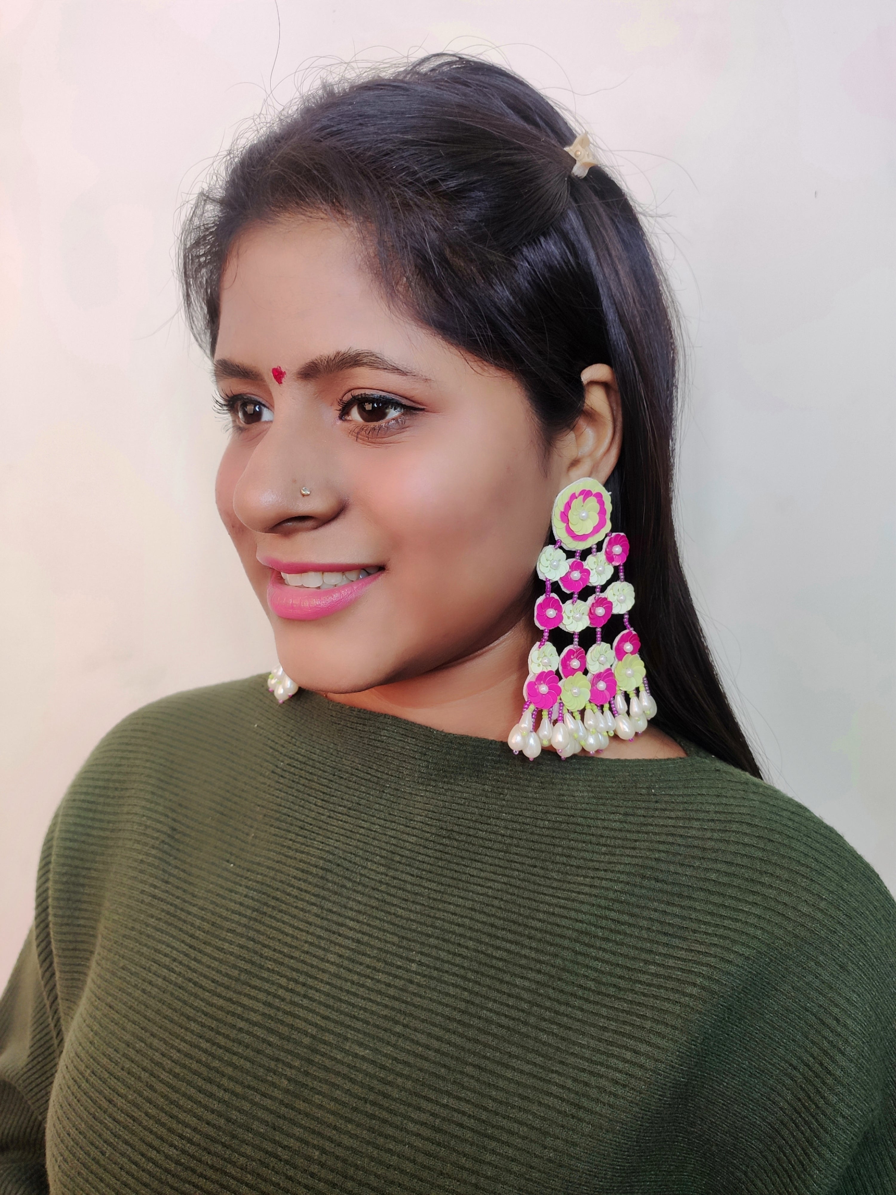 Graceful Summer Bloom: Pink-Yellow Floral Handmade Beaded Dangler Earrings