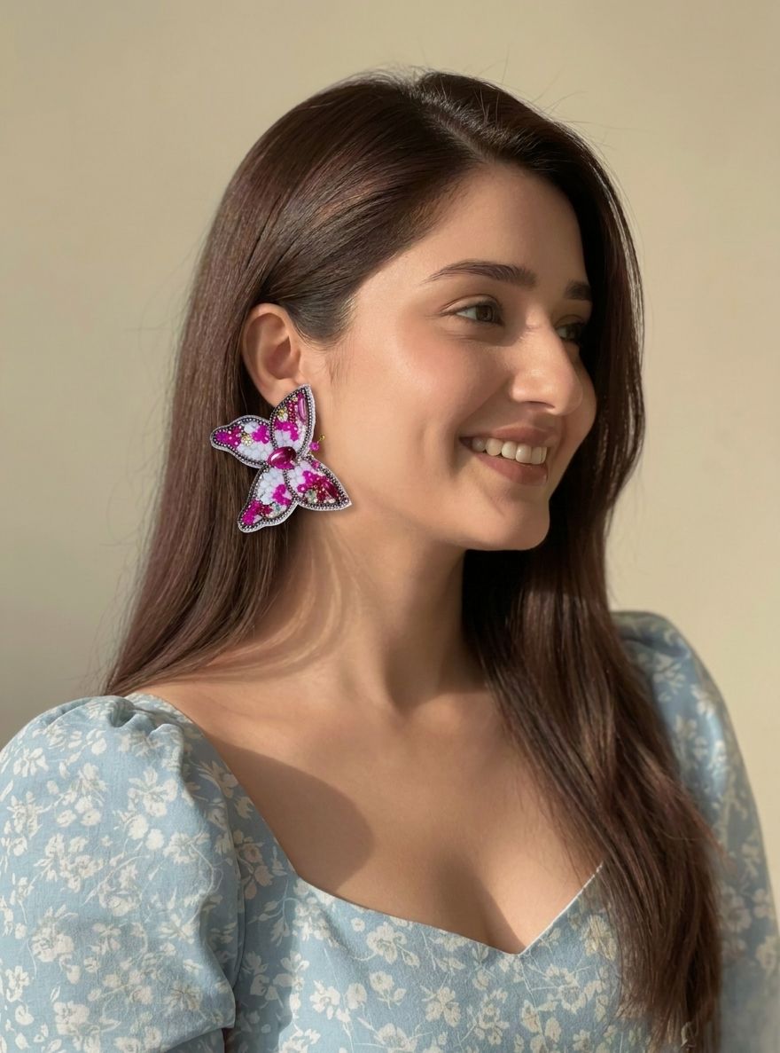 Handcrafted Pink and White Beaded Butterfly Danglers