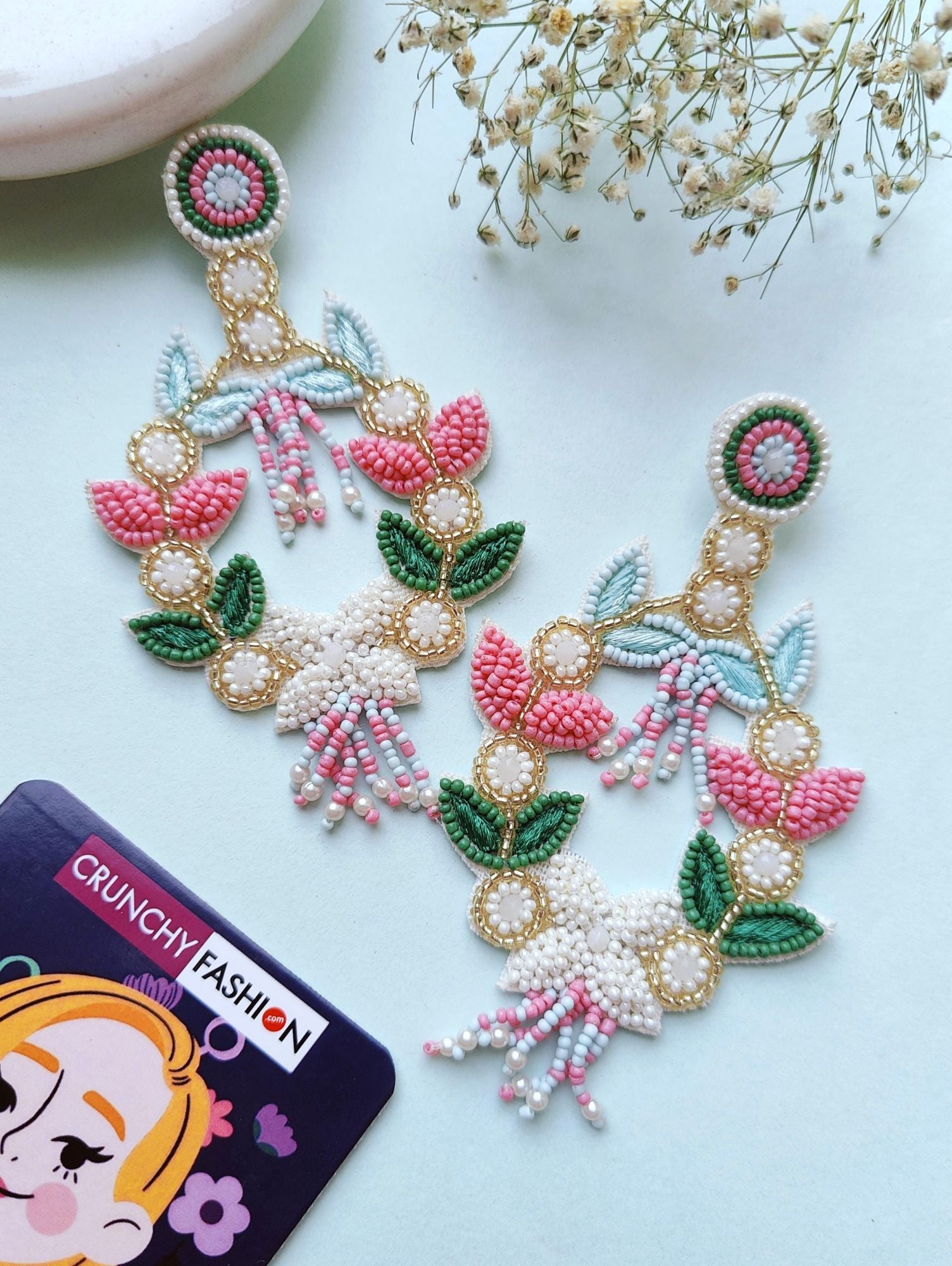 Handmade baby pink-green-sky blue beaded flower earrings for women and girls, ideal for festive occasions