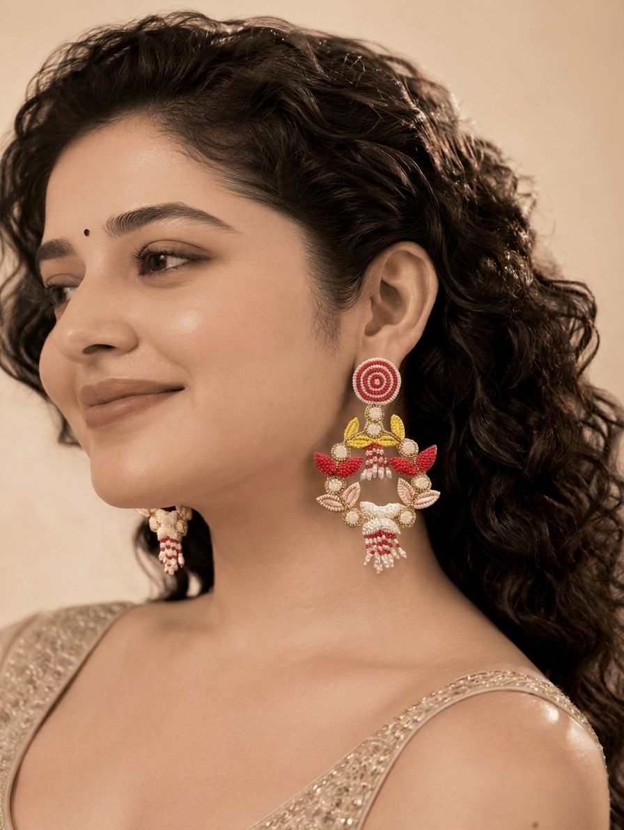 Pink-Yellow Beaded Handmade Wedding Earrings for Women & Girls – Floral Chaandbaali