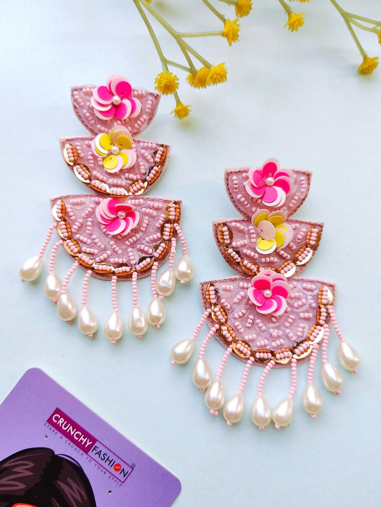 Pastel Pink Handmade Beaded Flower Earrings for Festival and Party Wear