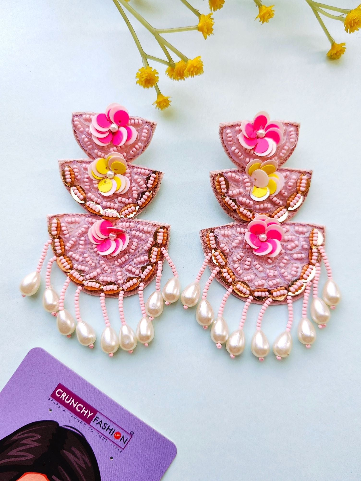 Pastel Pink Handmade Beaded Flower Earrings for Festival and Party Wear