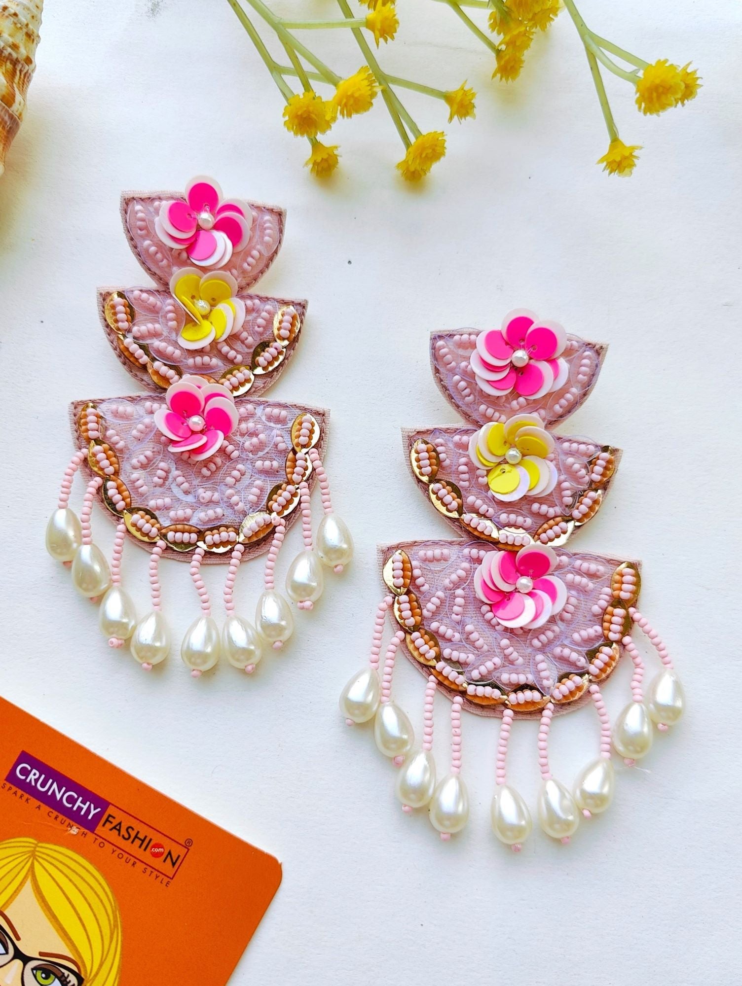 Pastel Pink Handmade Beaded Flower Earrings for Festival and Party Wear