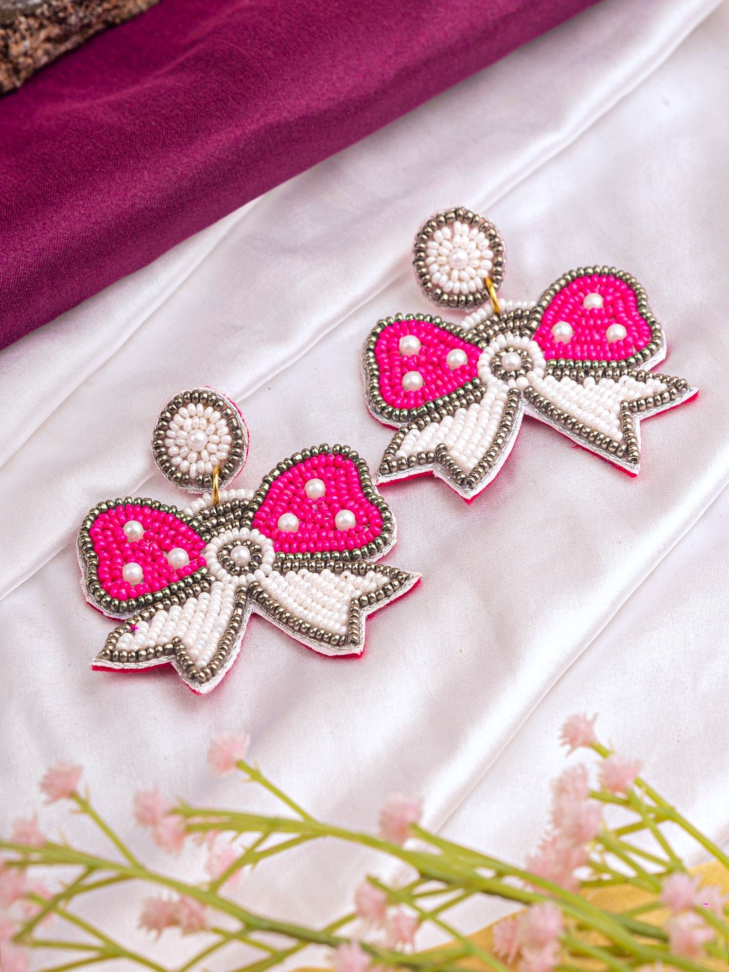 Chic Quirky Handcrafted Bow Earrings in Pink & White for Women