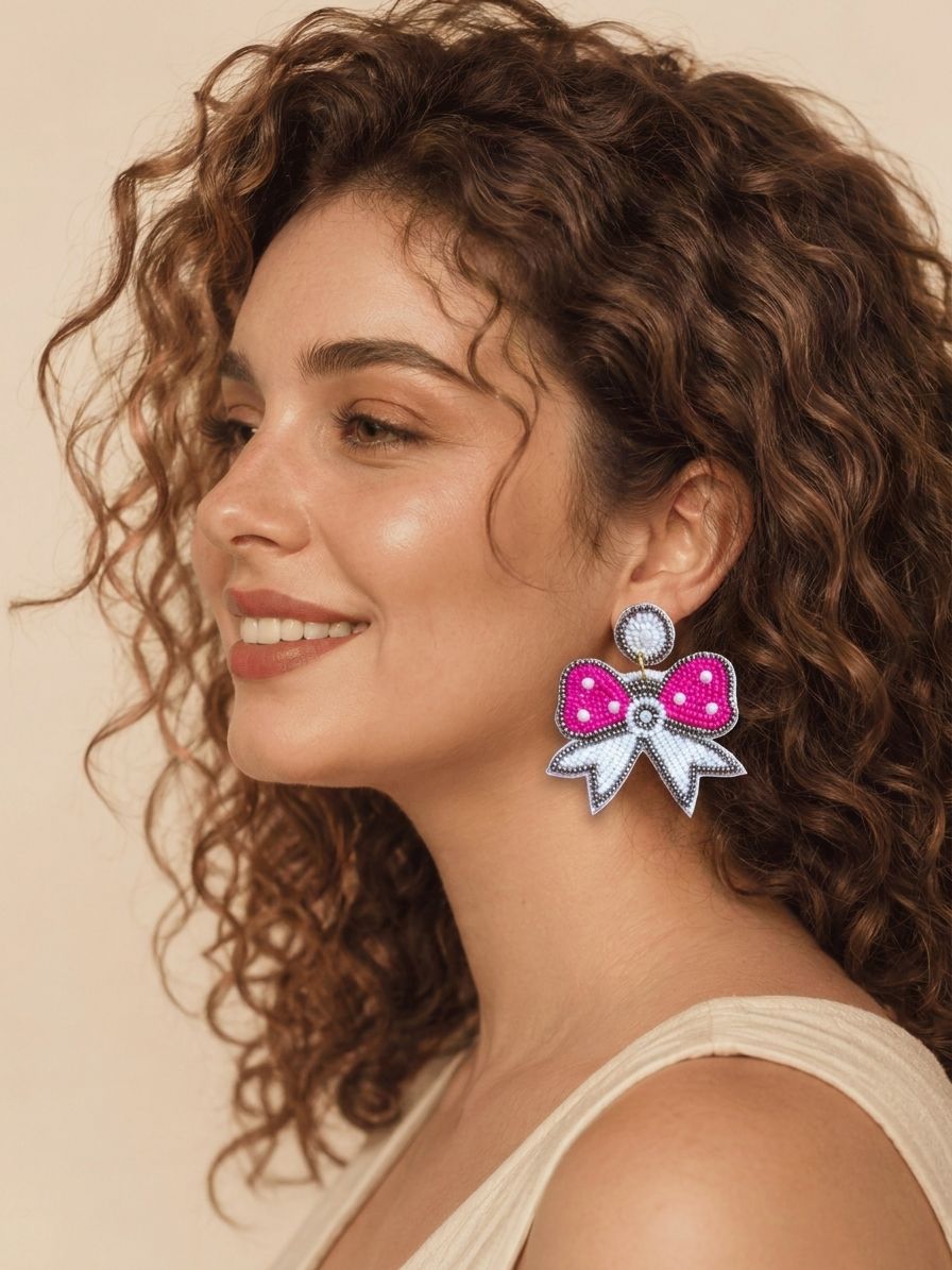 Chic Quirky Handcrafted Bow Earrings in Pink & White for Women