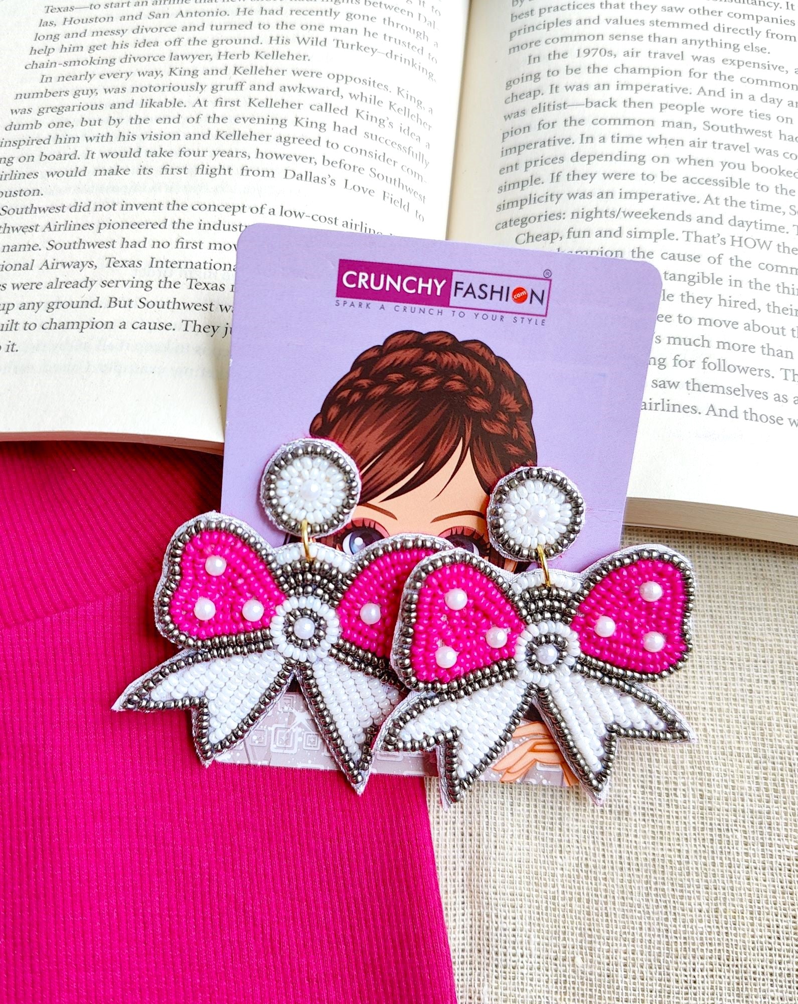 Chic Quirky Handcrafted Bow Earrings in Pink & White for Women