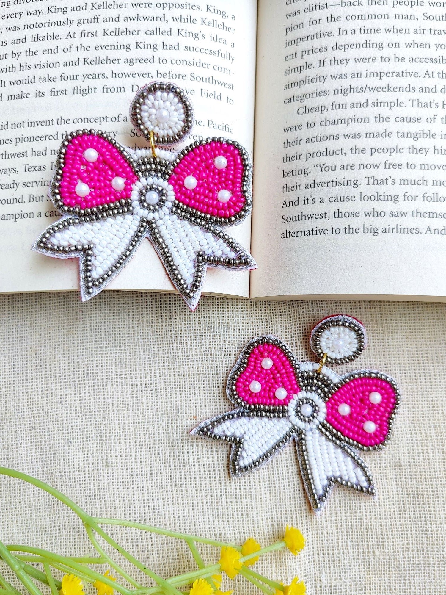 Chic Quirky Handcrafted Bow Earrings in Pink & White for Women