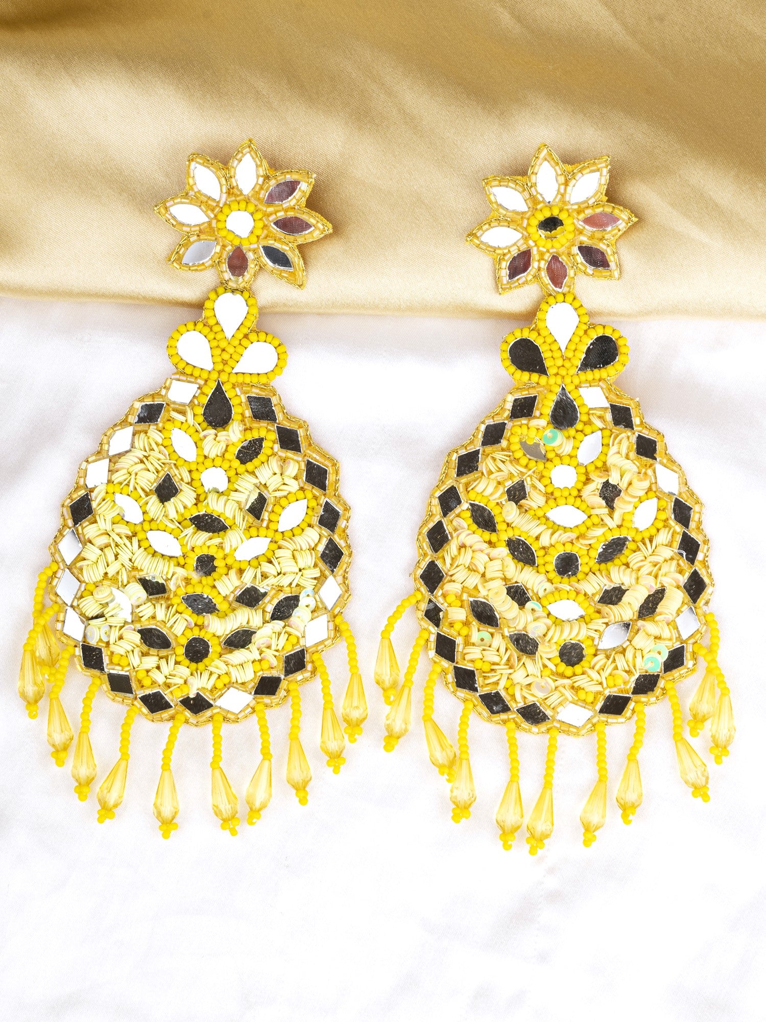 Dazzling Yellow Flower Mirror Handmade Earrings for Fashionable Women & Girls