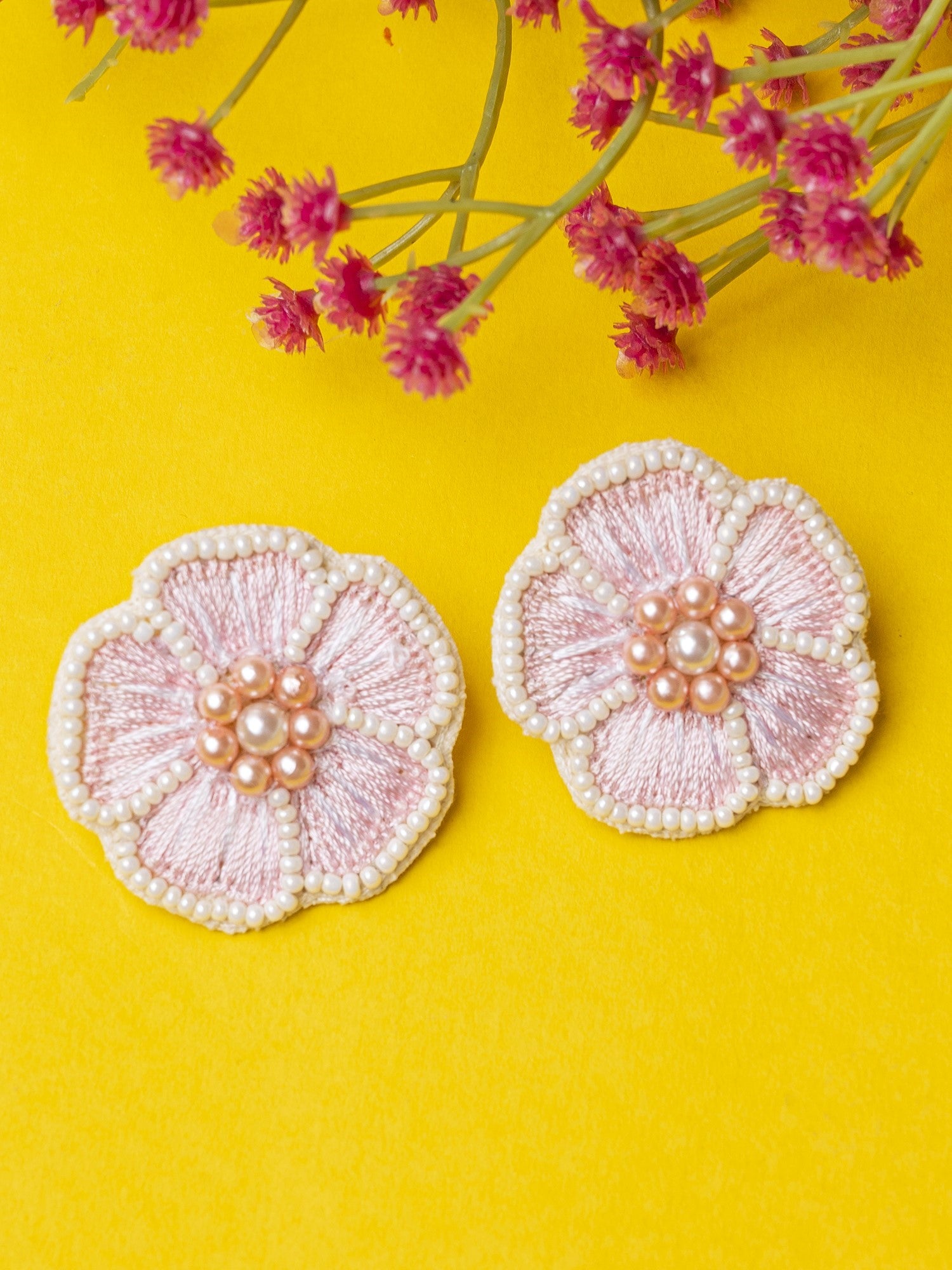 Handcrafted Pink Blossom Beaded Stud Earrings - Chic Accessory for Women & Girls
