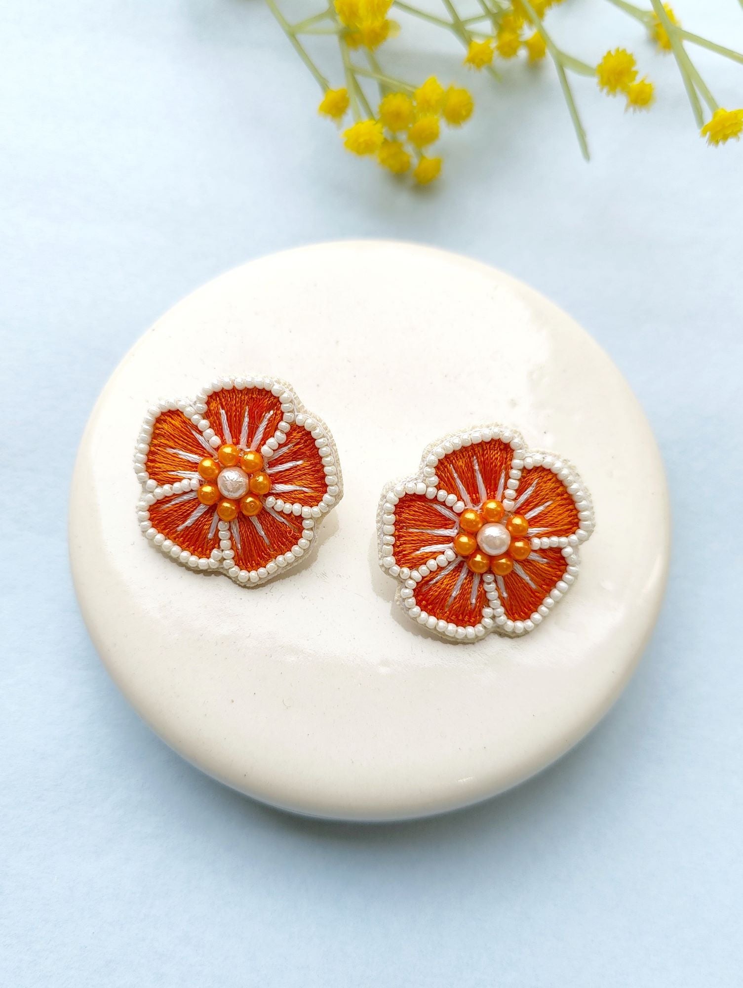 Rused Orange  Blossom Studs - Handmade Beaded Earrings for Women