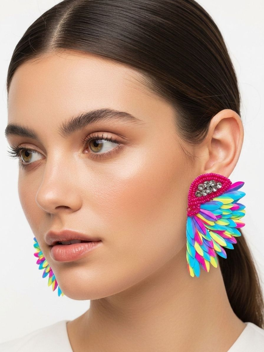Vibrant Handcrafted Multicolor Beaded Rainbow Wings Stud Earrings