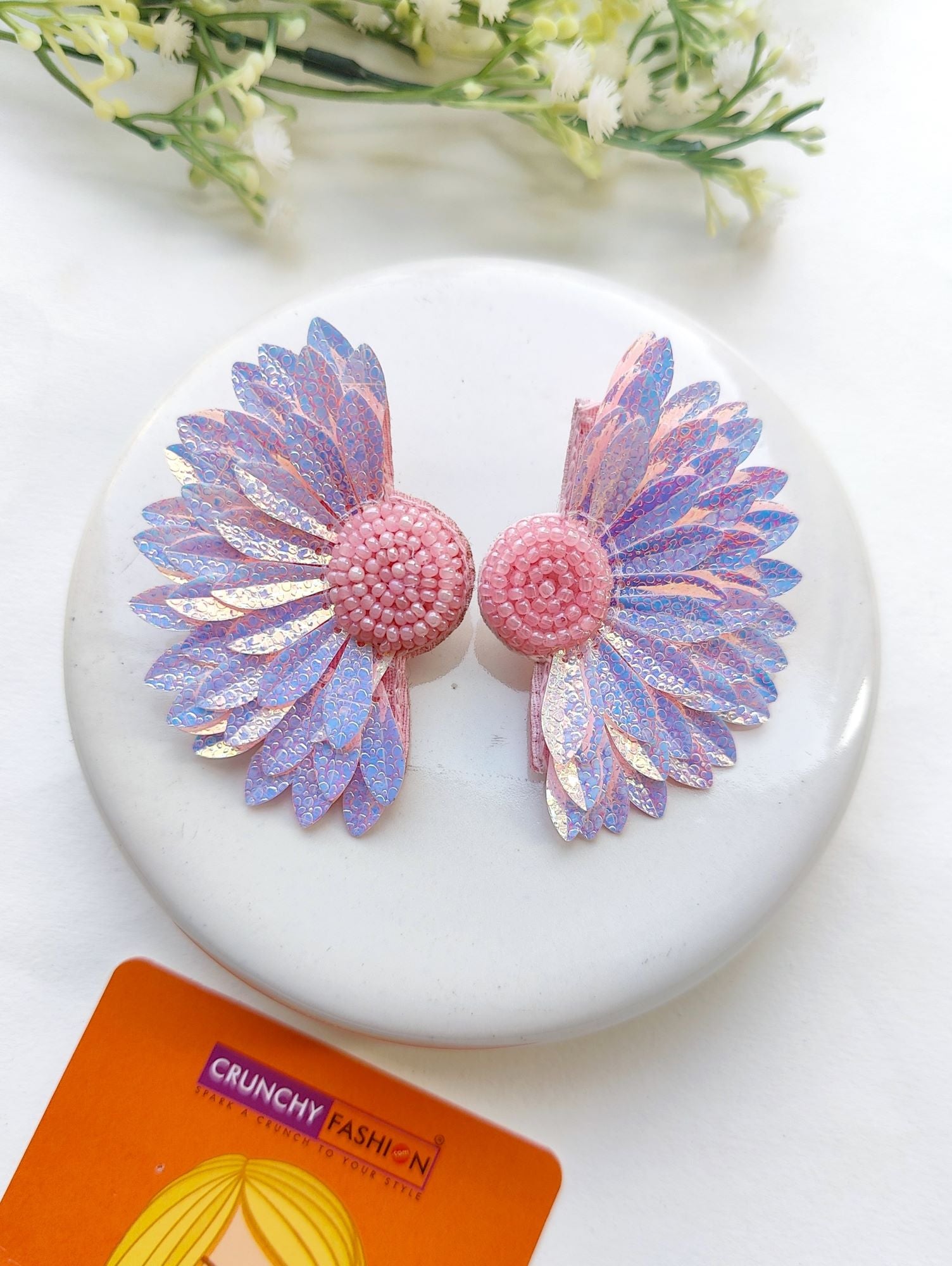 Handcrafted Sparkling Baby Pink Flower Beaded Studs for Trendy Women