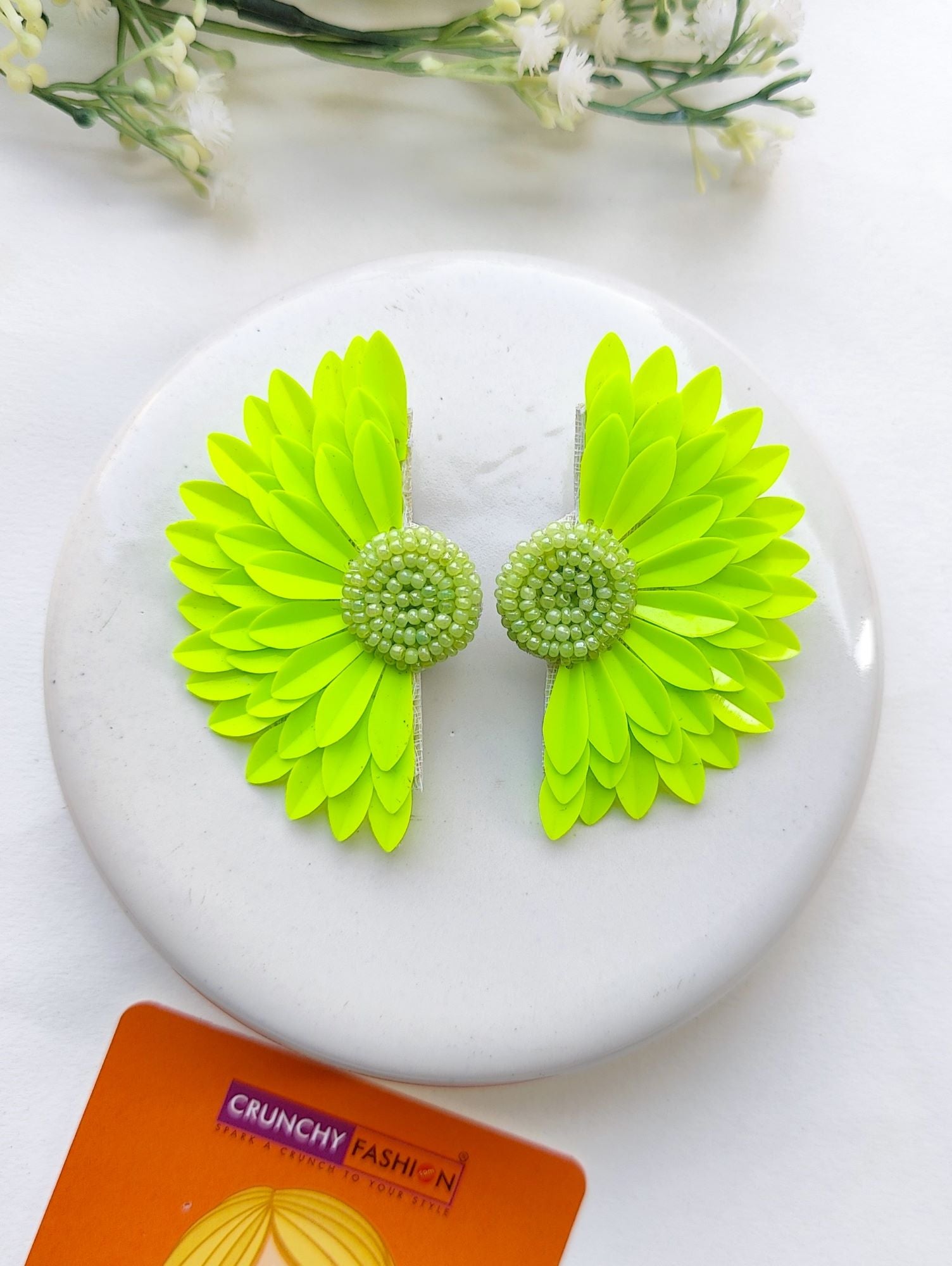 Neon Green Half Flower Sparking Beaded Stud Earrings