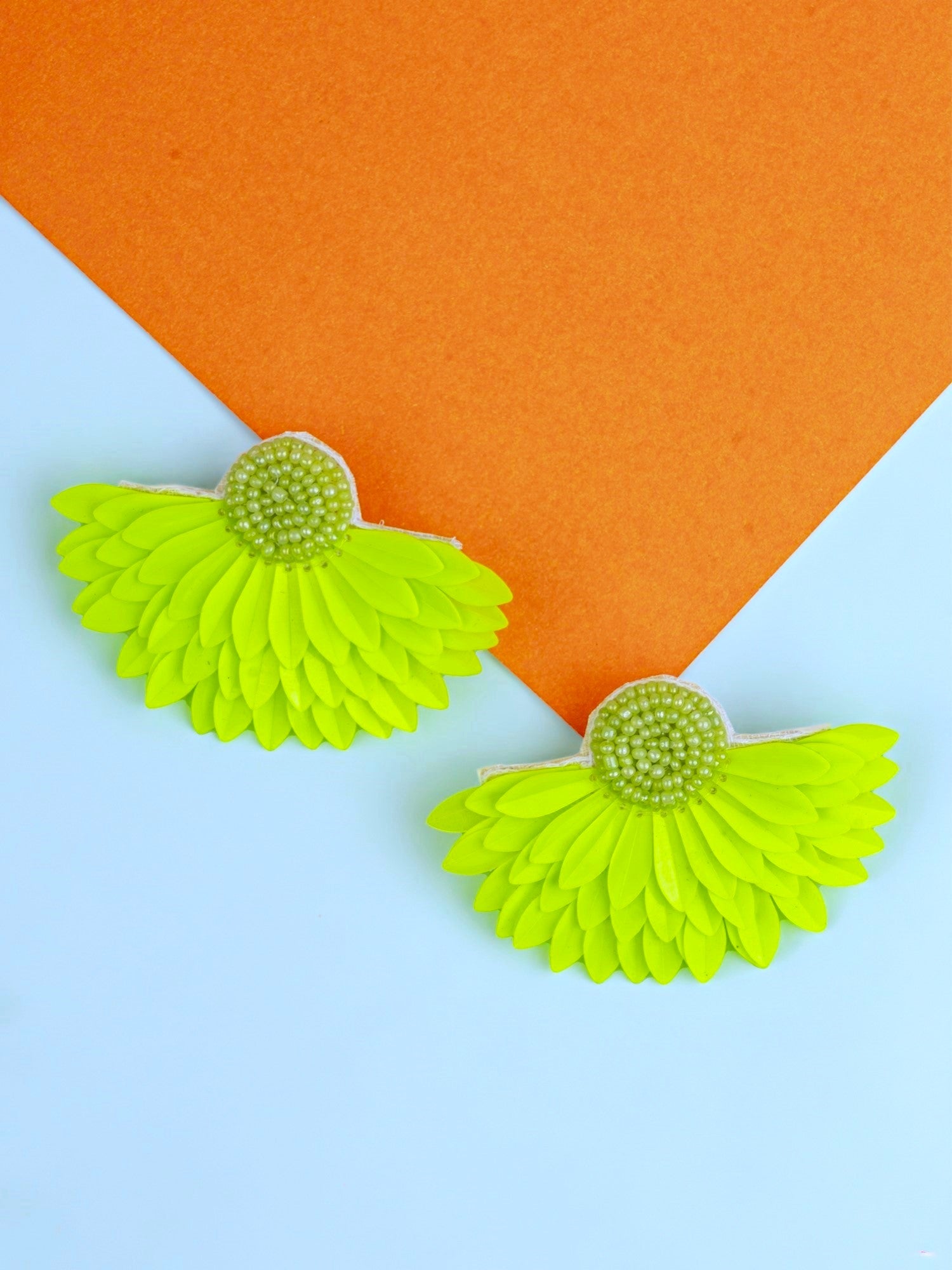 Neon Green Half Flower Sparking Beaded Stud Earrings