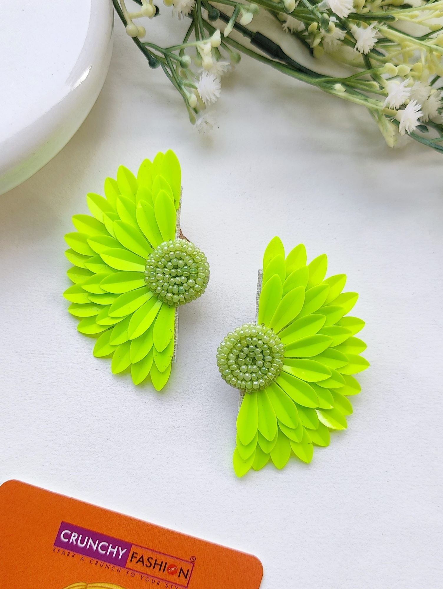 Neon Green Half Flower Sparking Beaded Stud Earrings